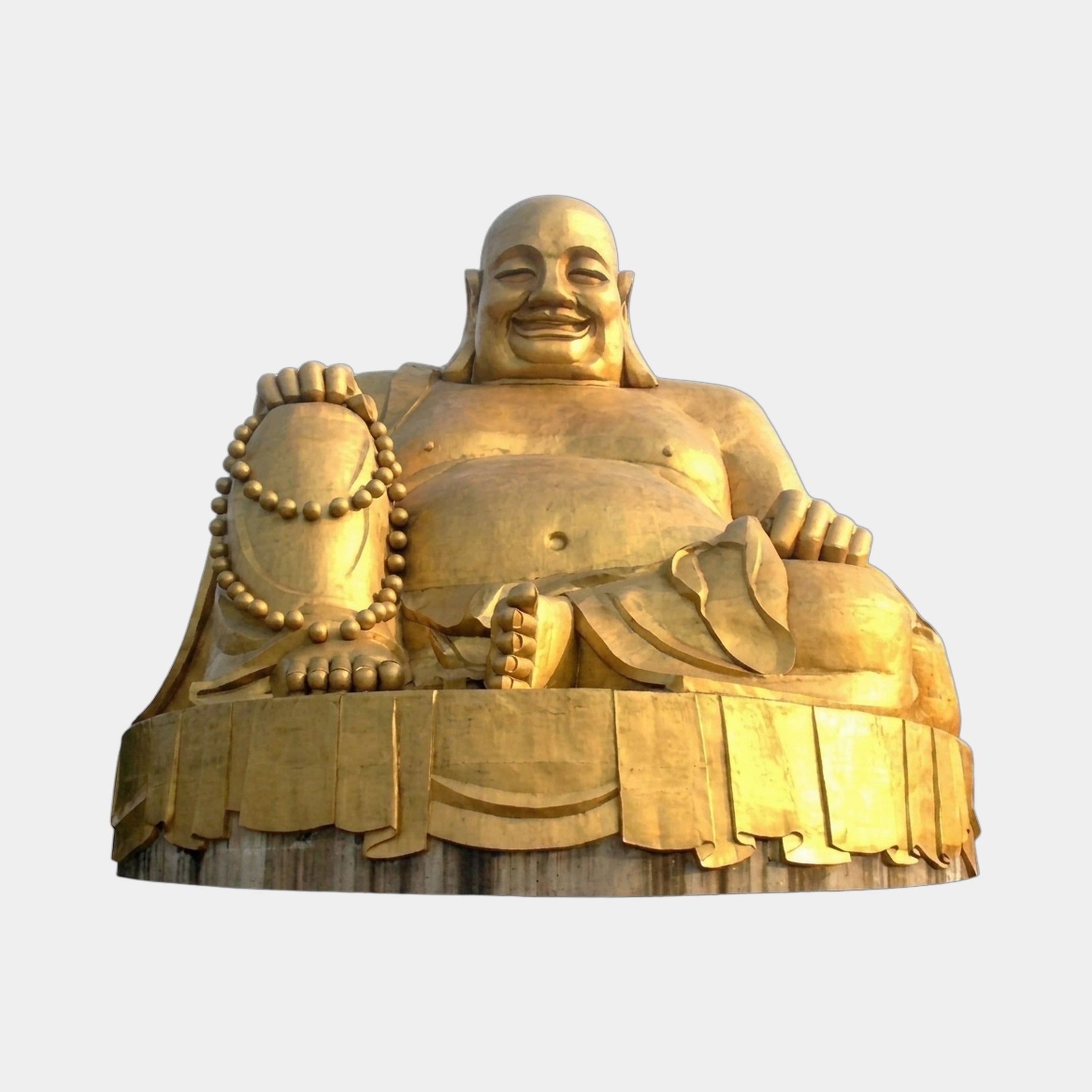 Monumental Traditional Seated Budai Bronze Sculpture 220cm by Giant Sculptures, polished gold finish, holding a mala, shown front-on against a plain background.