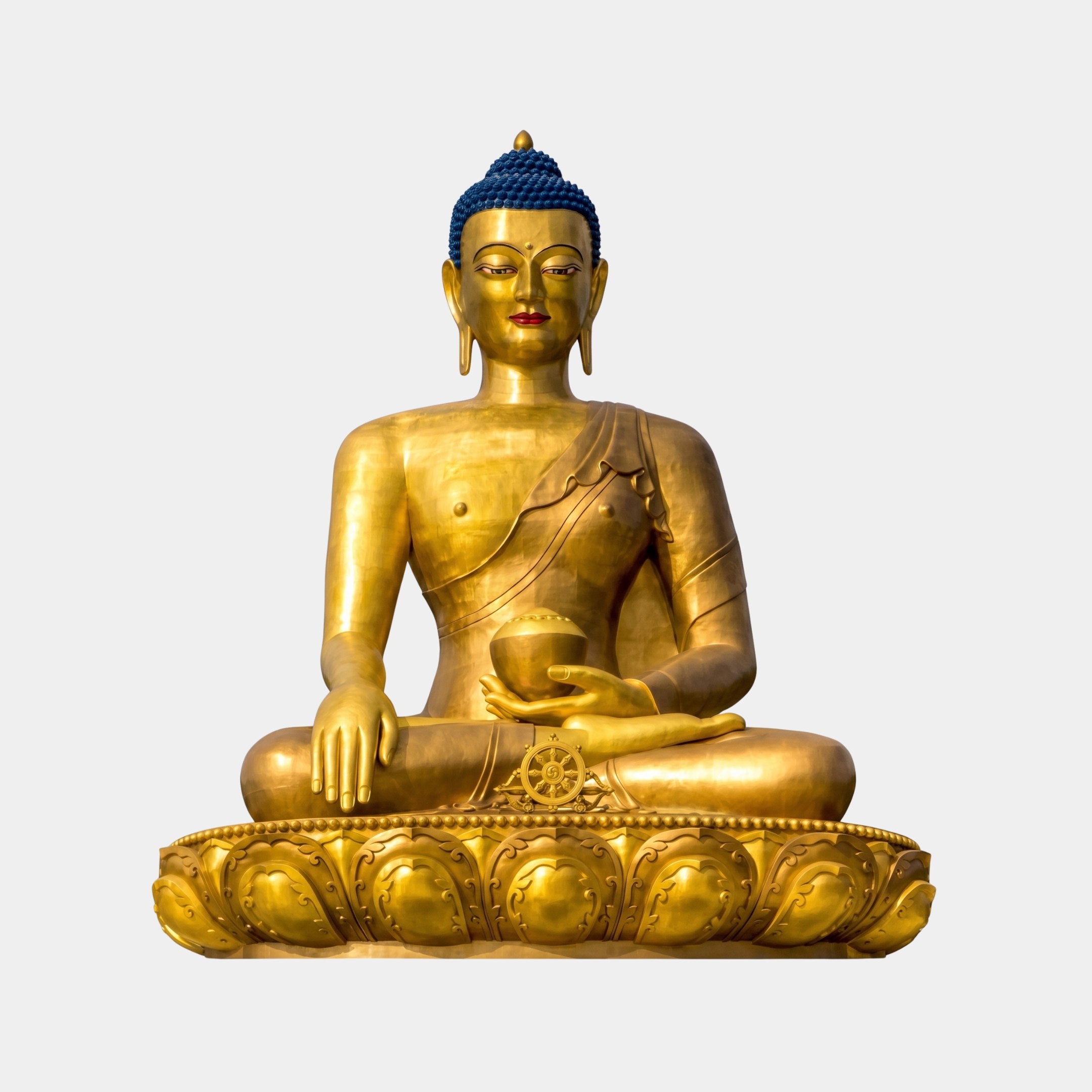 Monumental Traditional Seated Buddha Bronze Sculpture in polished gold finish with blue ushnisha, seated in padmasana on a lotus throne, against a plain background.