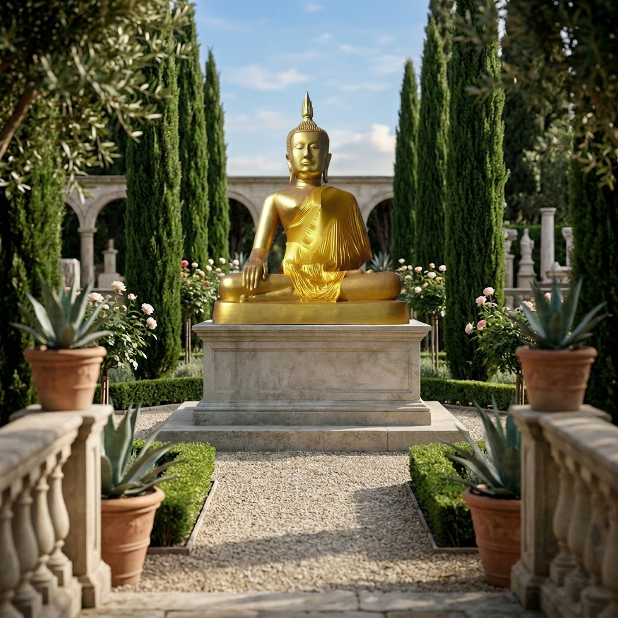 Monumental Traditional Seated Buddha Bronze Sculpture in gold finish on a stone plinth, set in a formal garden with cypress trees and rose beds.