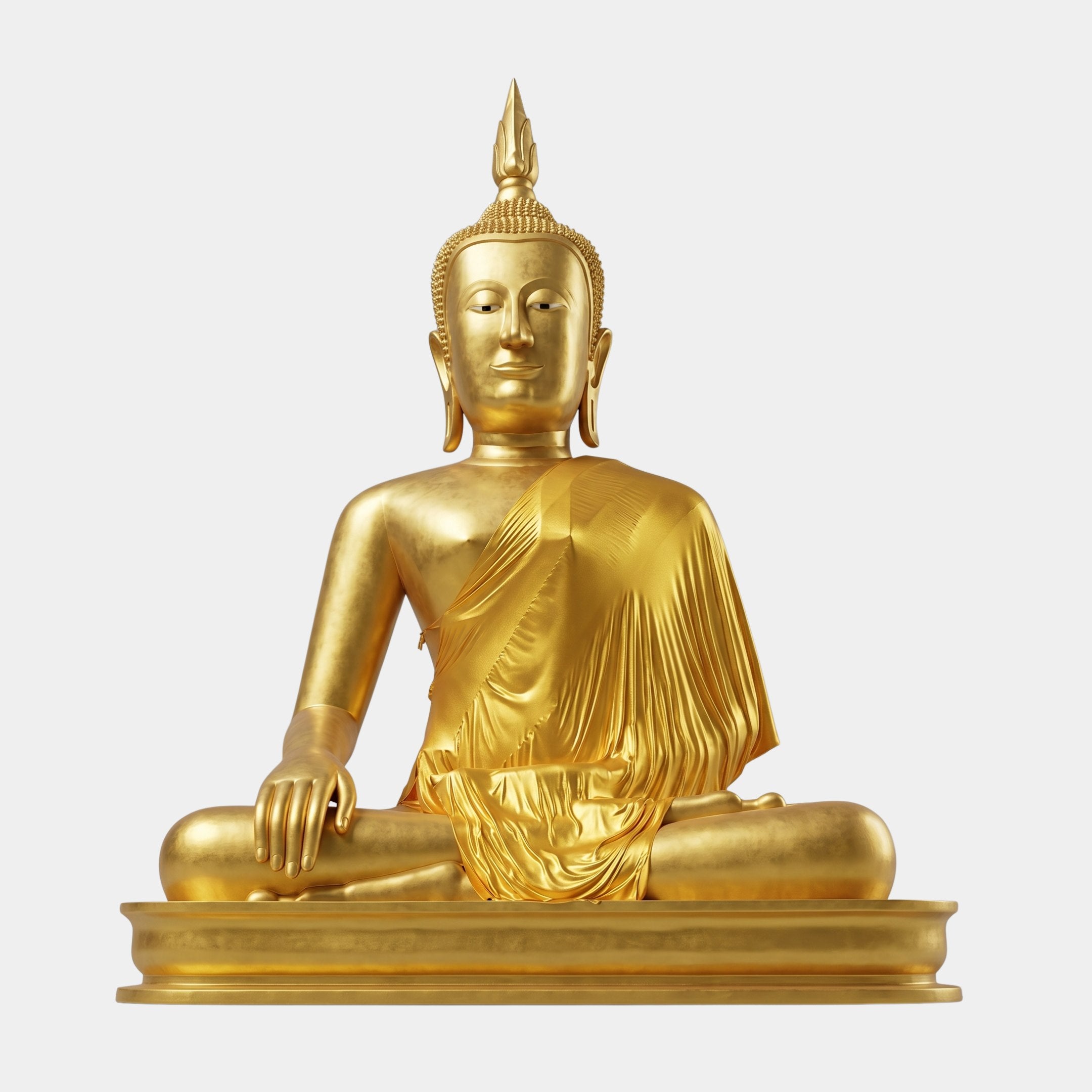 Monumental Traditional Seated Buddha Bronze Sculpture in gold finish by Giant Sculptures, shown front-on in bhumisparsha mudra on a plain light background.