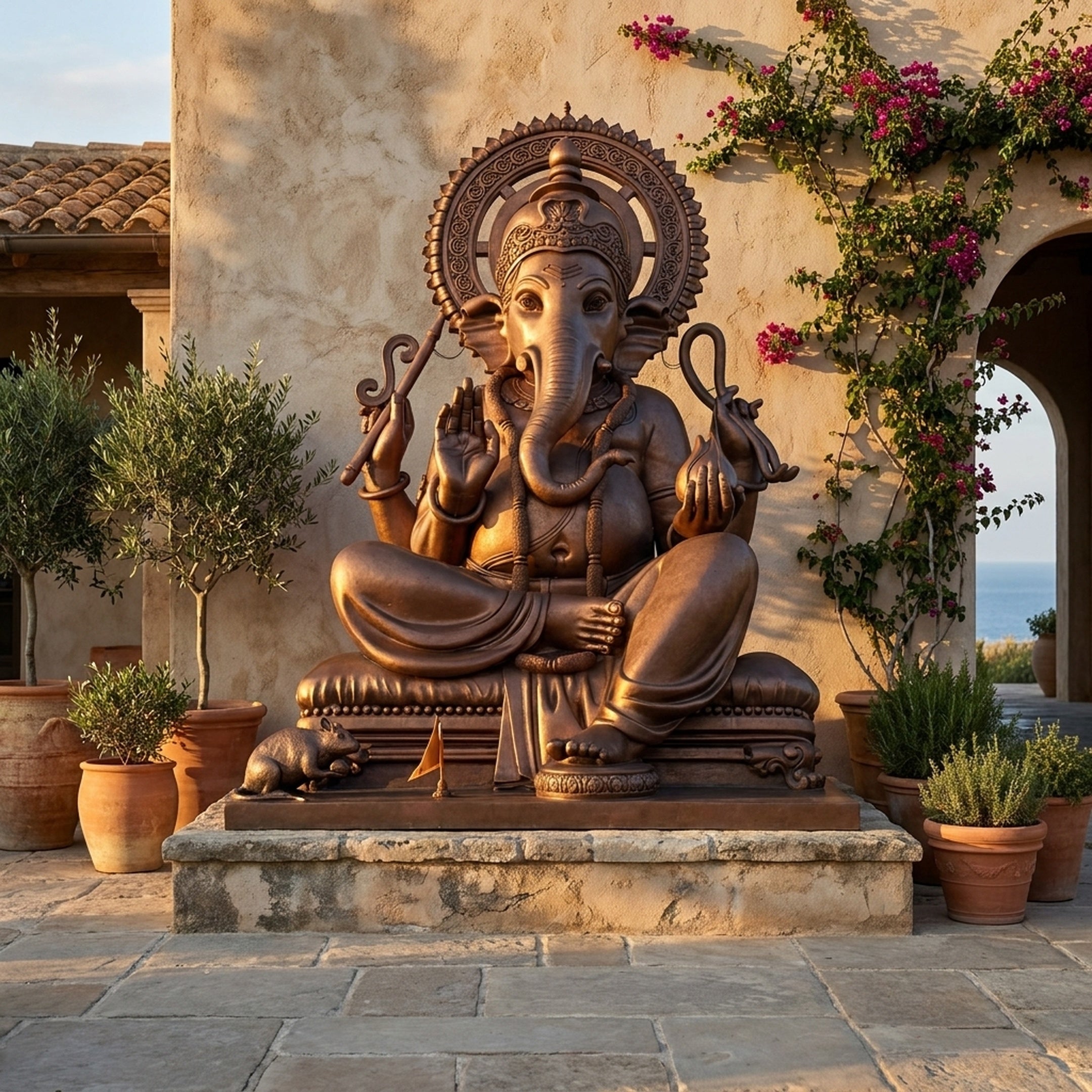 Monumental Traditional Seated Ganesha Bronze Sculpture by Giant Sculptures in padmasana with prabhamandala halo, displayed on a stone plinth in a coastal courtyard.