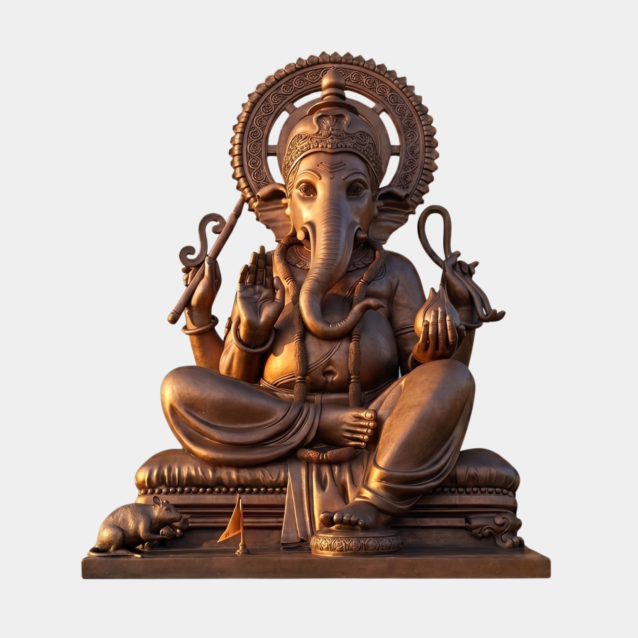Monumental Traditional Seated Ganesha Bronze Sculpture by Giant Sculptures, 300cm, four-armed deity in padmasana with halo, mouse, on plain background.