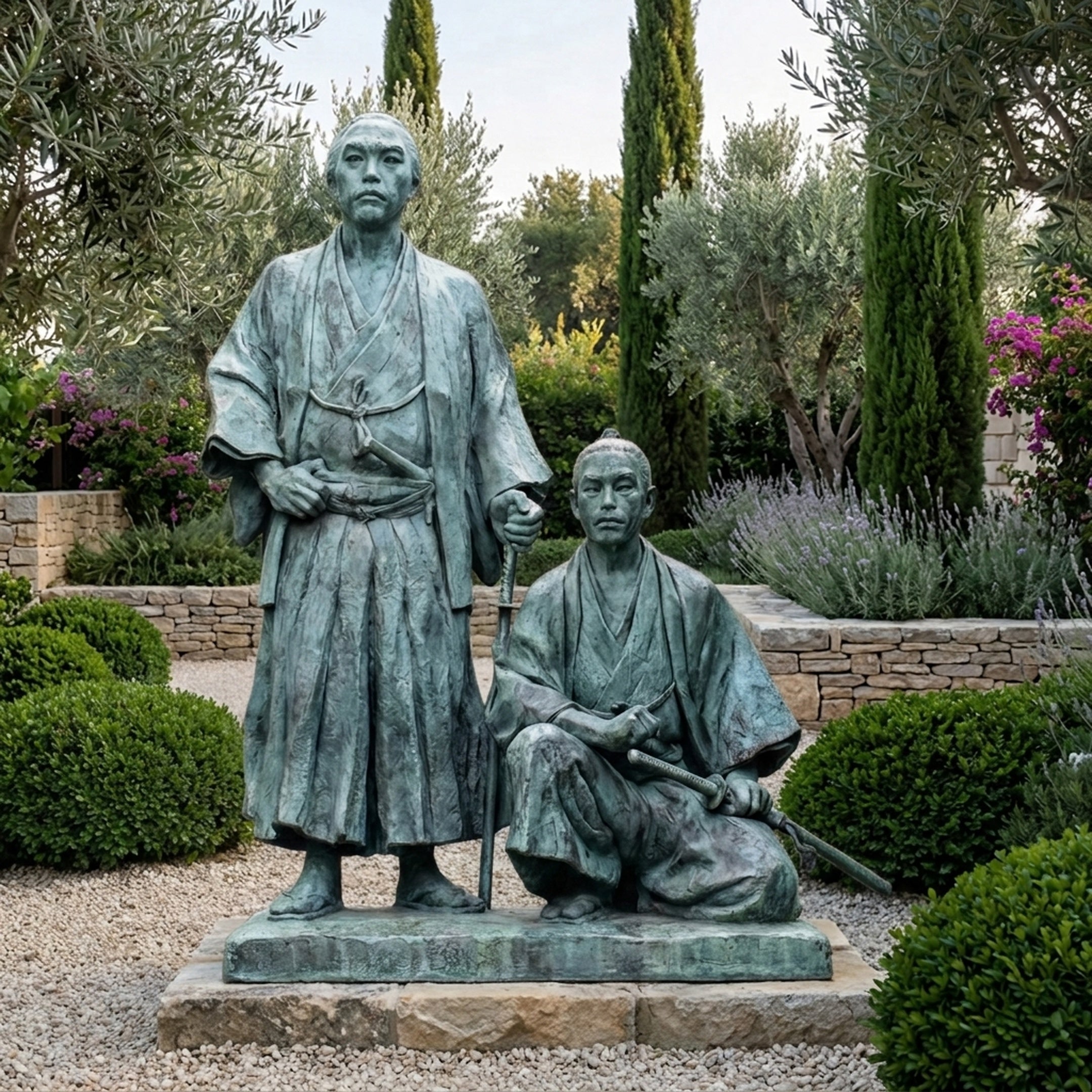 Monumental Traditional Standing and Seated Samurai Bronze Sculpture by Giant Sculptures with verdigris patina, displayed in a garden with olive trees and lavender.