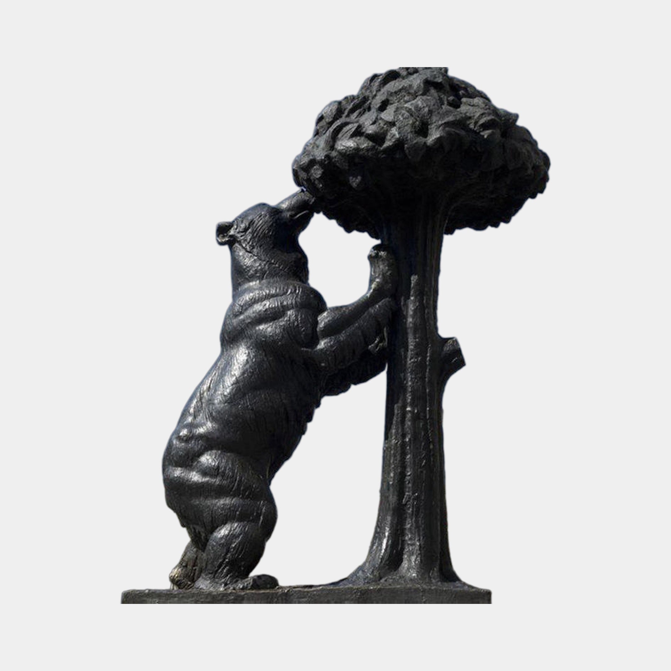 Giant Sculptures Monumental Standing Bear and Strawberry Tree bronze in dark patina, bear reared on hind legs reaching into the canopy, on a plain background.