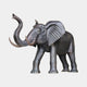 Monumental Traditional Standing Elephant Bronze Sculpture by Giant Sculptures, trunk raised and ears flared, dark patina with bronze tusks, on plain background.