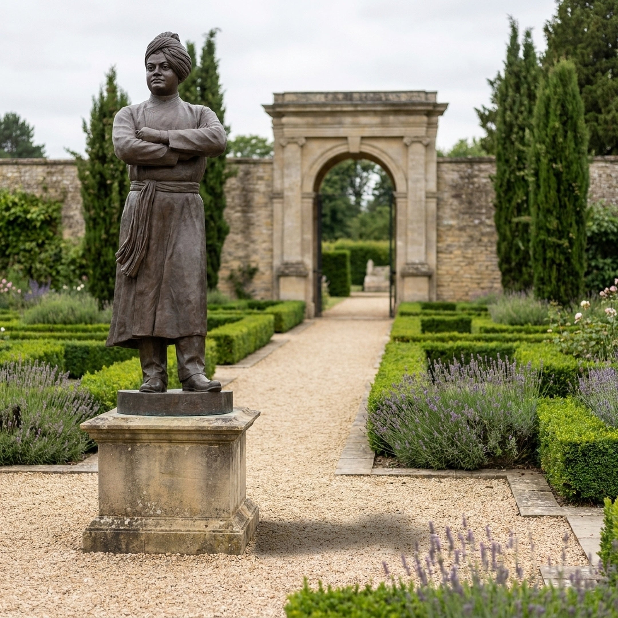 Monumental Traditional Standing Male Figure Bronze Statue by Giant Sculptures, 400cm, in kurta and turban with folded arms, on a stone plinth in a formal garden.