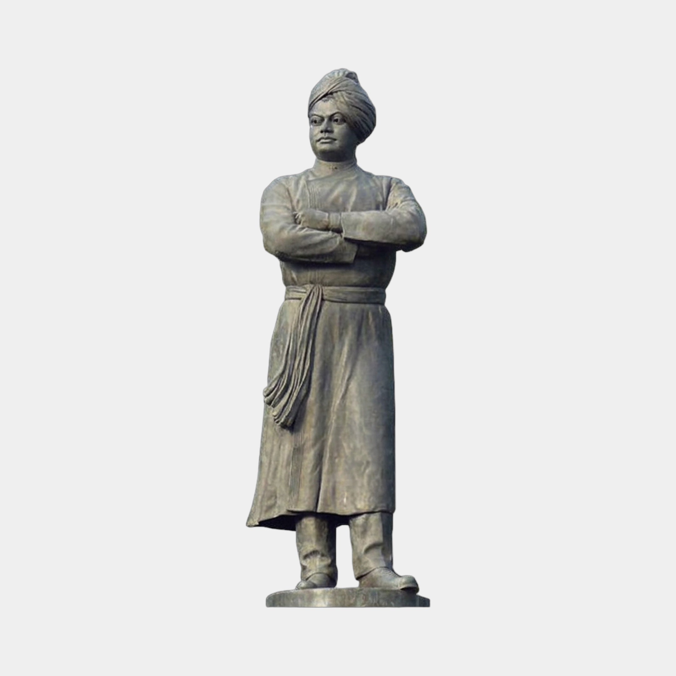 Monumental Traditional Standing Male Figure Bronze Statue by Giant Sculptures, 400cm, shown front-on in turban and kurta with folded arms, dark patina, plain background.