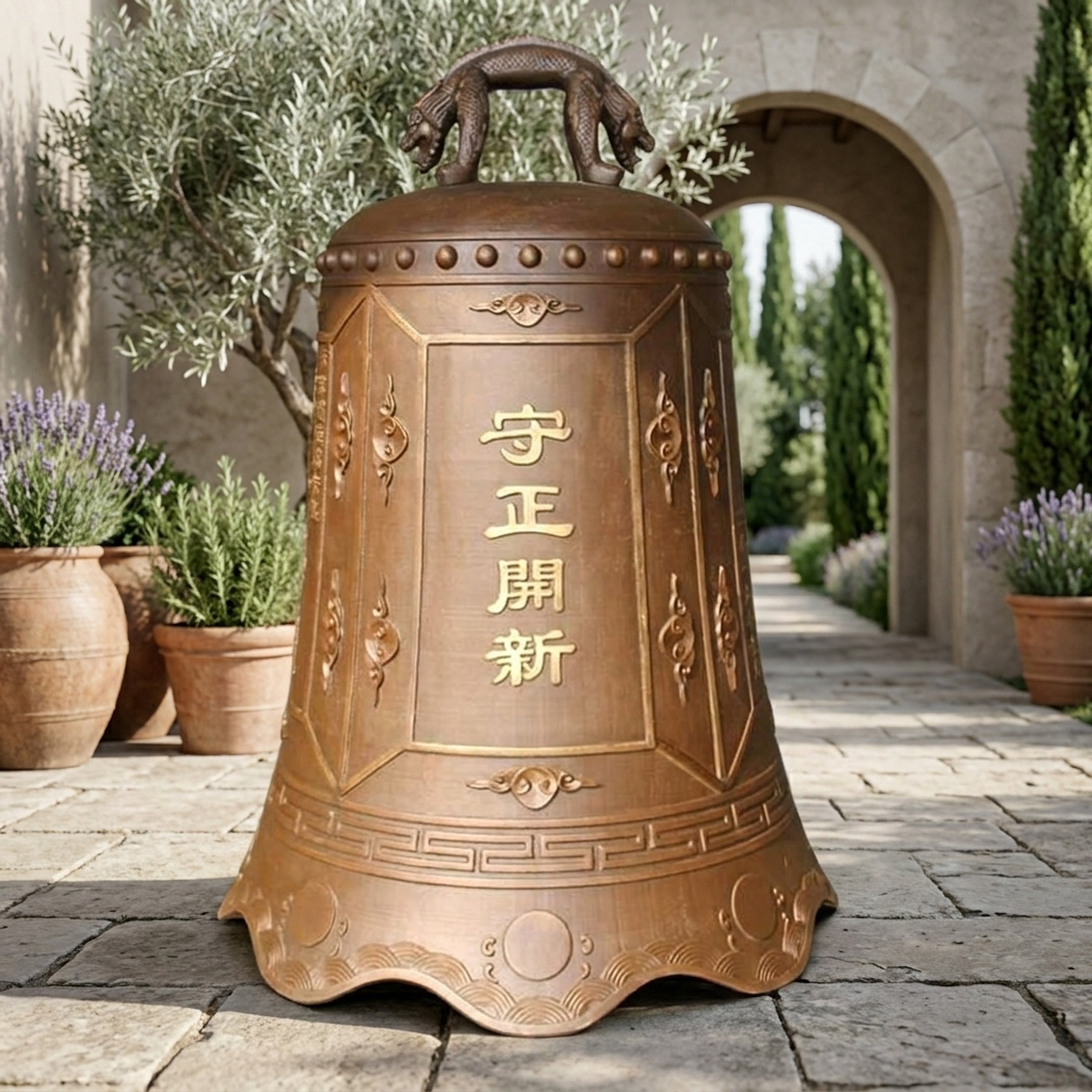 Giant Sculptures Monumental Traditional Temple Bell Bronze Sculpture 180cm with twin dragon-head handle and gold calligraphy, set on a stone courtyard path.