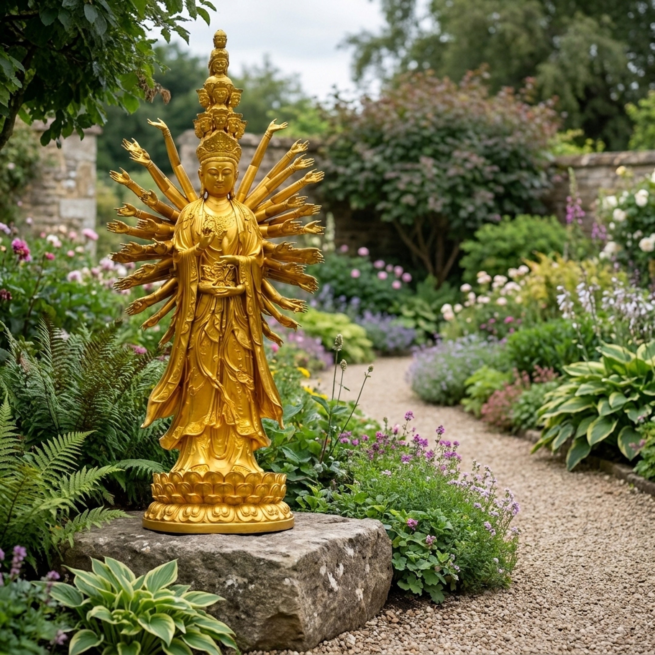 Monumental Thousand-Armed Guanyin Bronze Statue by Giant Sculptures in gilt gold finish on a lotus base, displayed in a walled garden beside a gravel path.