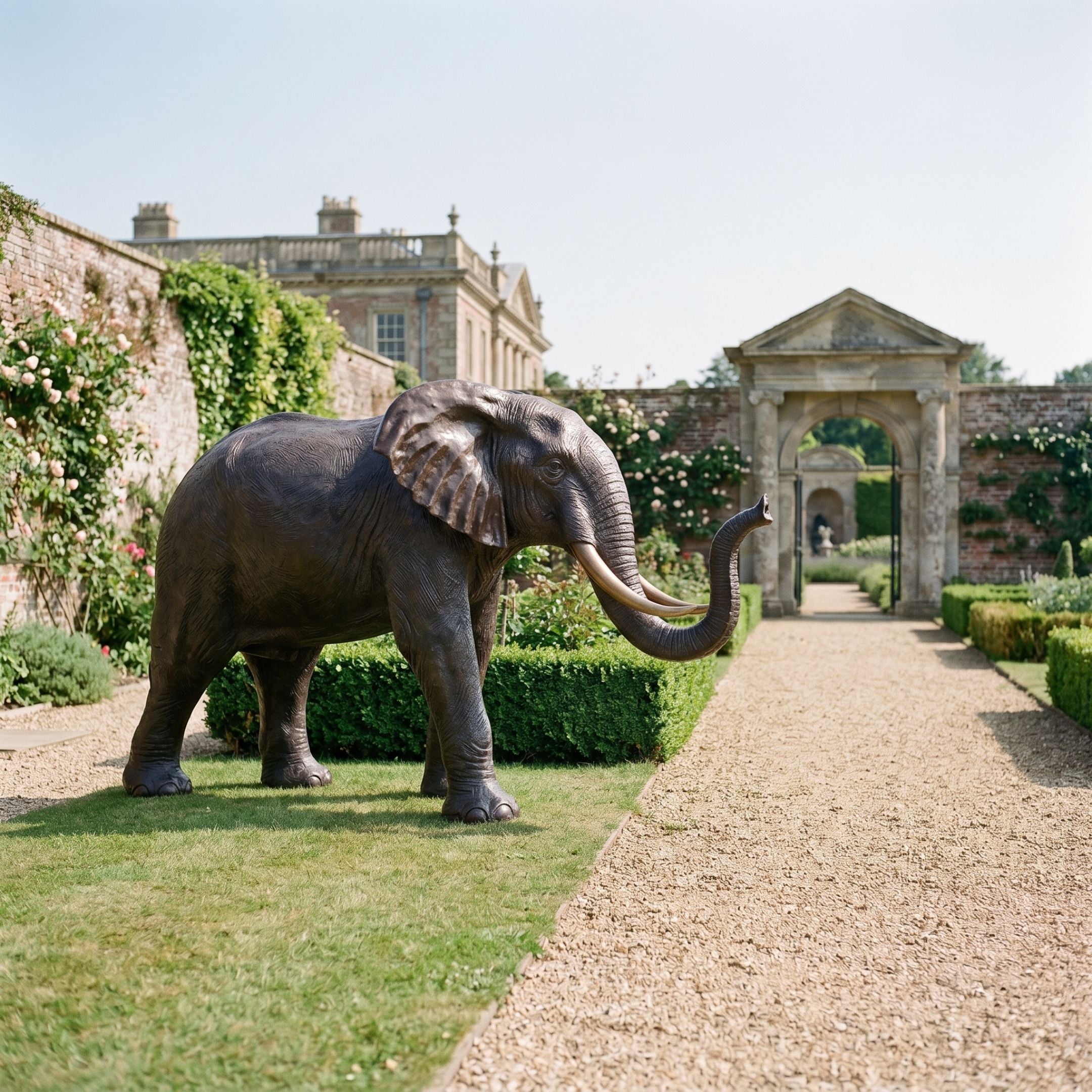 Giant Sculptures 280cm Monumental Traditional Walking Elephant Bronze Sculpture with raised trunk and ivory tusks, displayed in a walled rose garden by a manor.