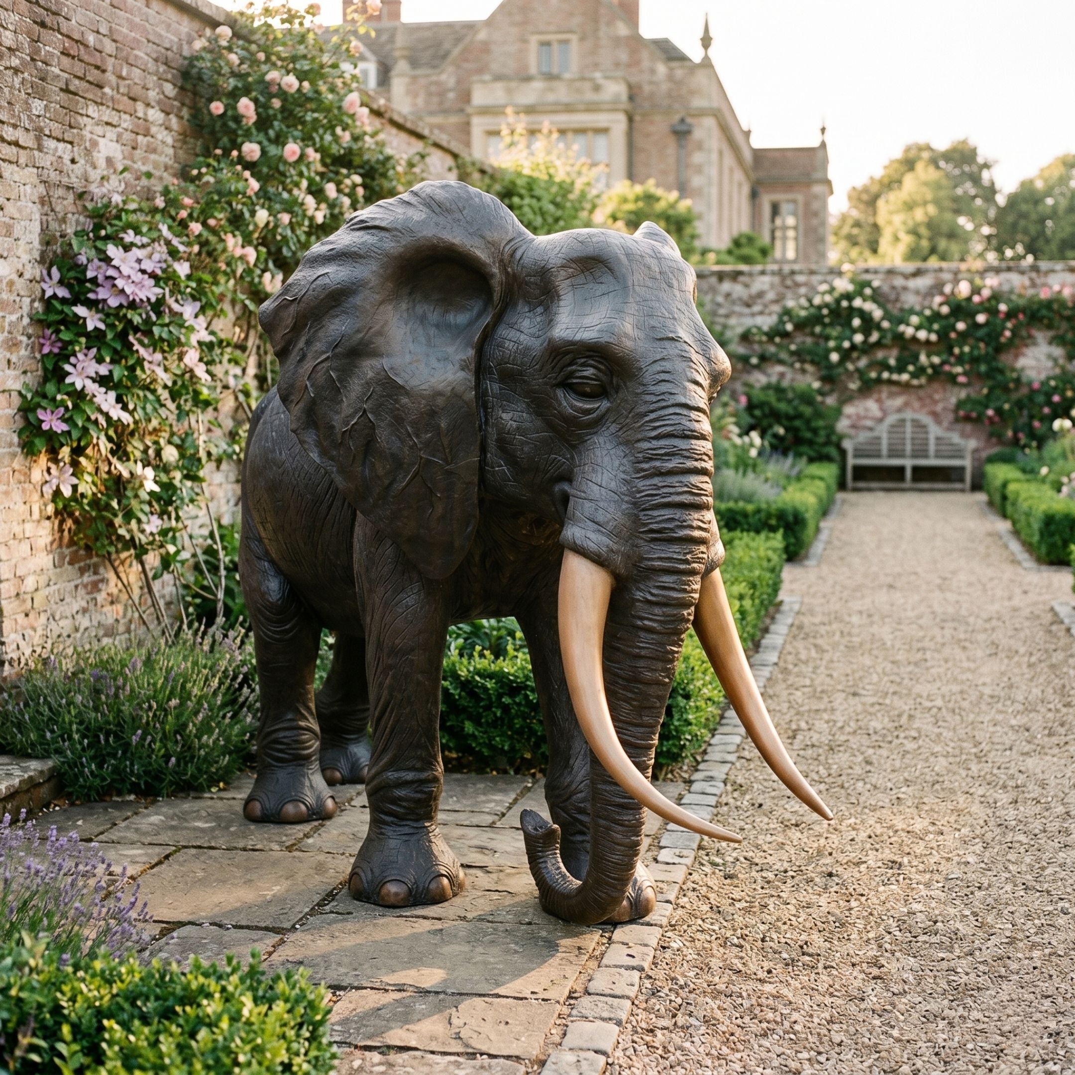 Monumental Traditional Walking Elephant Bronze Sculpture by Giant Sculptures with dark brown patina and ivory-gold tusks, displayed on a stone path in a walled rose garden.