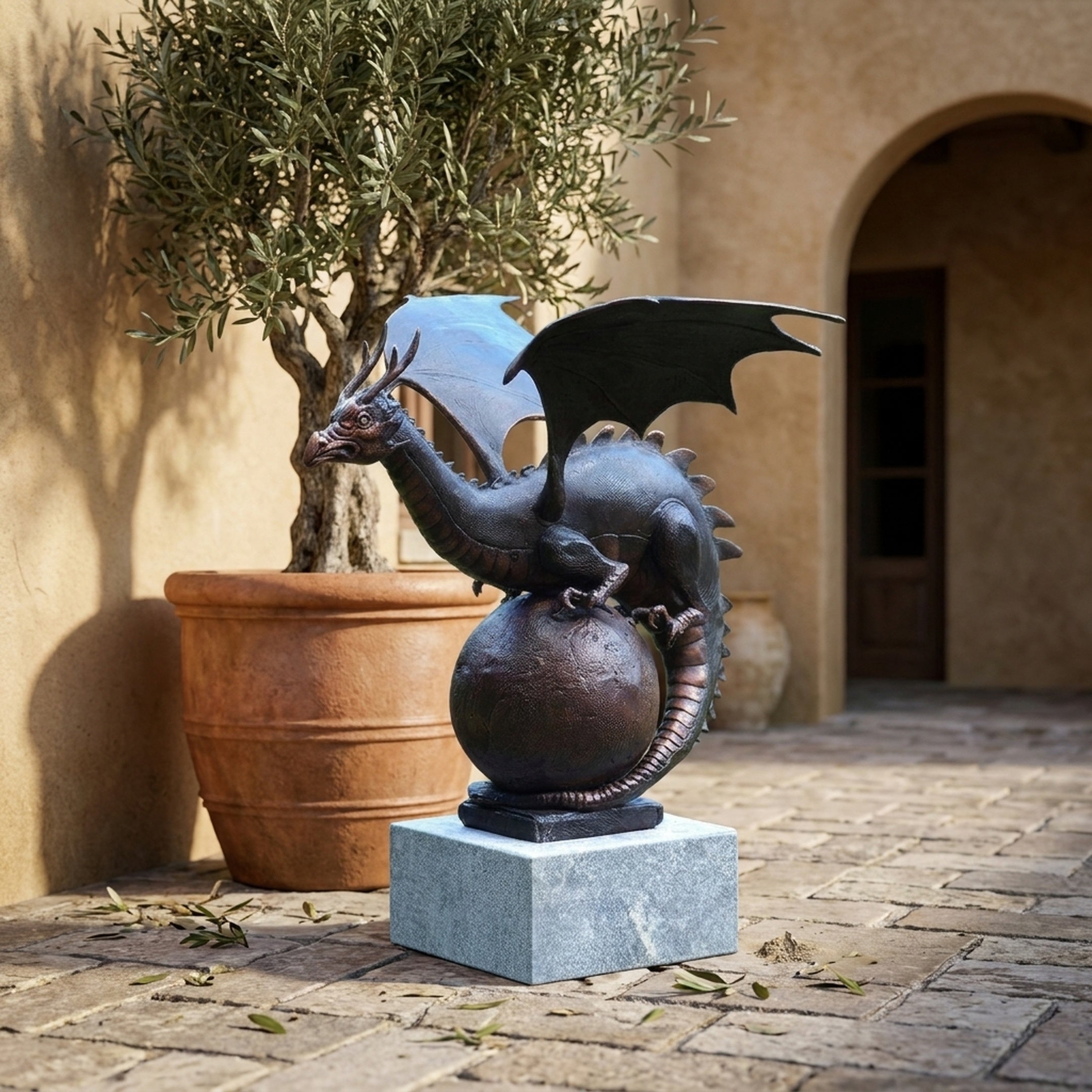 Giant Sculptures Monumental Winged Dragon on Orb Bronze Sculpture 180cm on a grey granite plinth in a sunlit courtyard beside a potted olive tree.