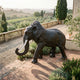 Monumental Walking Elephant Bronze Sculpture by Giant Sculptures shown mid-stride on a Tuscan villa terrace with white tusks, gold toenails, and vineyard views.