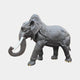Monumental Walking Elephant Bronze Sculpture by Giant Sculptures, 280cm, shown in side profile with dark patina, white tusks, gold toenails on a plain background.