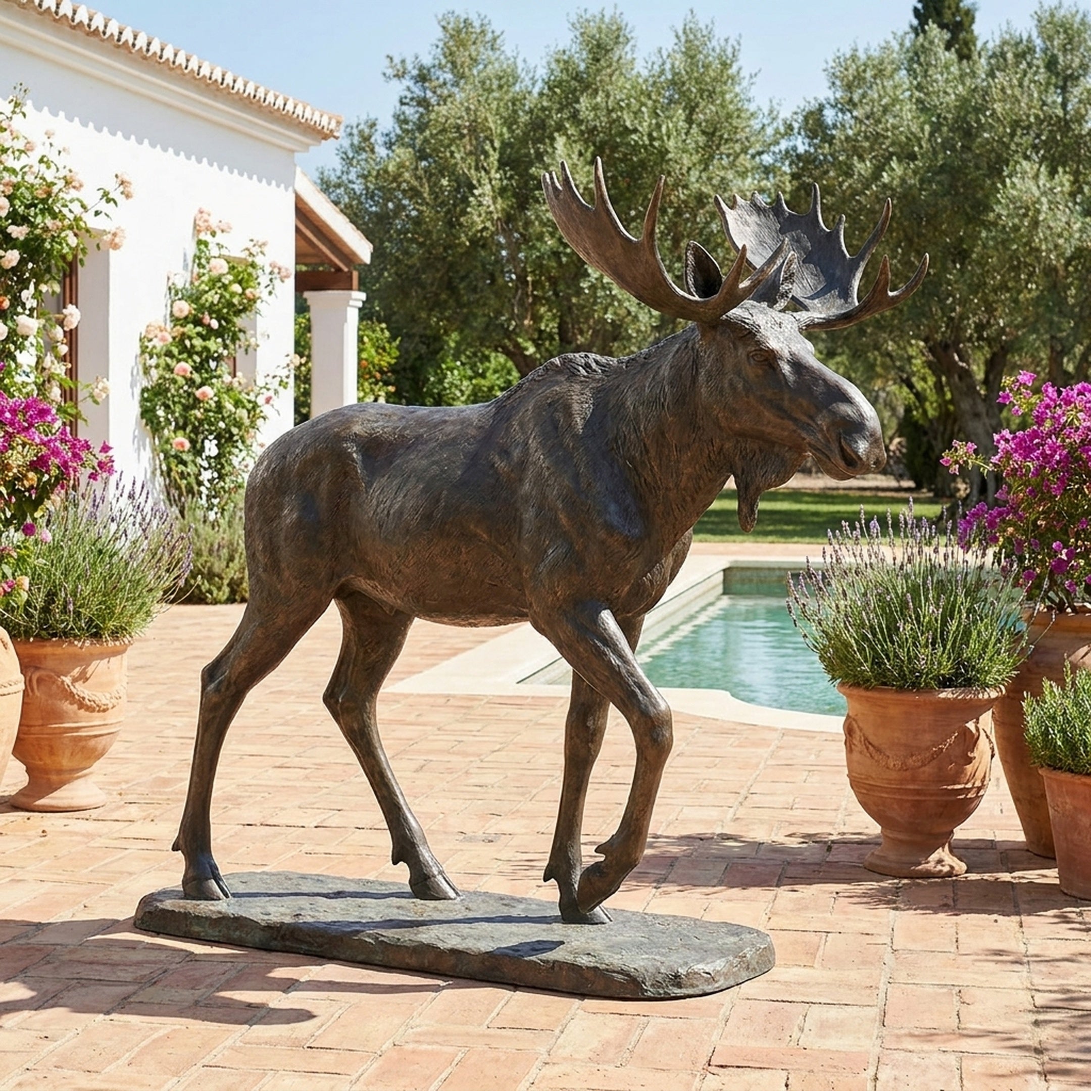 Giant Sculptures Monumental Walking Moose Bronze Sculpture in dark patina mid-stride on a stone base, displayed on a terracotta poolside patio with lavender pots.