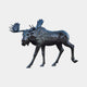Monumental Walking Moose Bronze Sculpture by Giant Sculptures in dark patina, shown side-on mid-stride with wide antlers, against a plain light background.