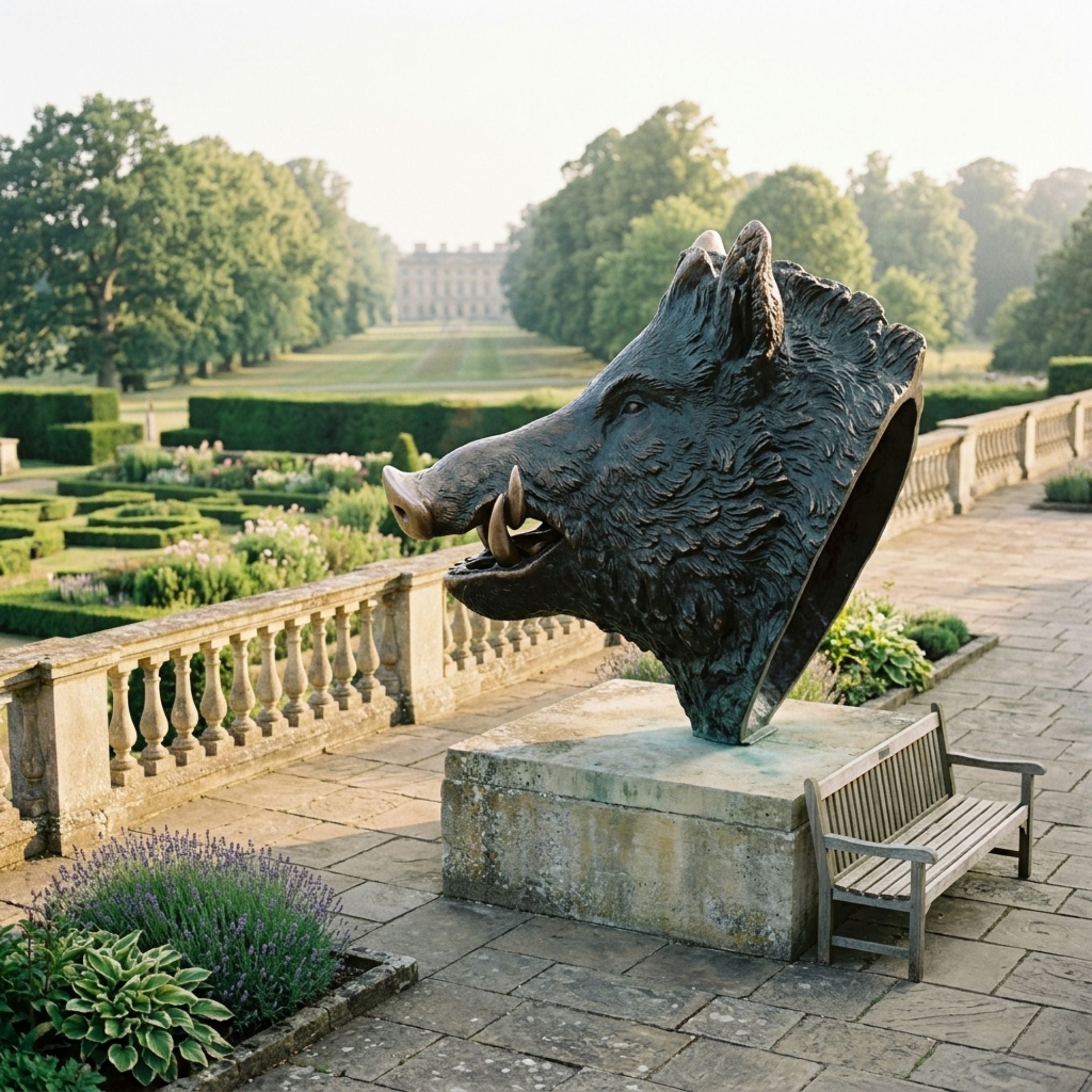 Monumental Wild Boar Head Bronze Sculpture by Giant Sculptures on a stone plinth overlooking a formal garden and tree-lined avenue to a distant manor house.