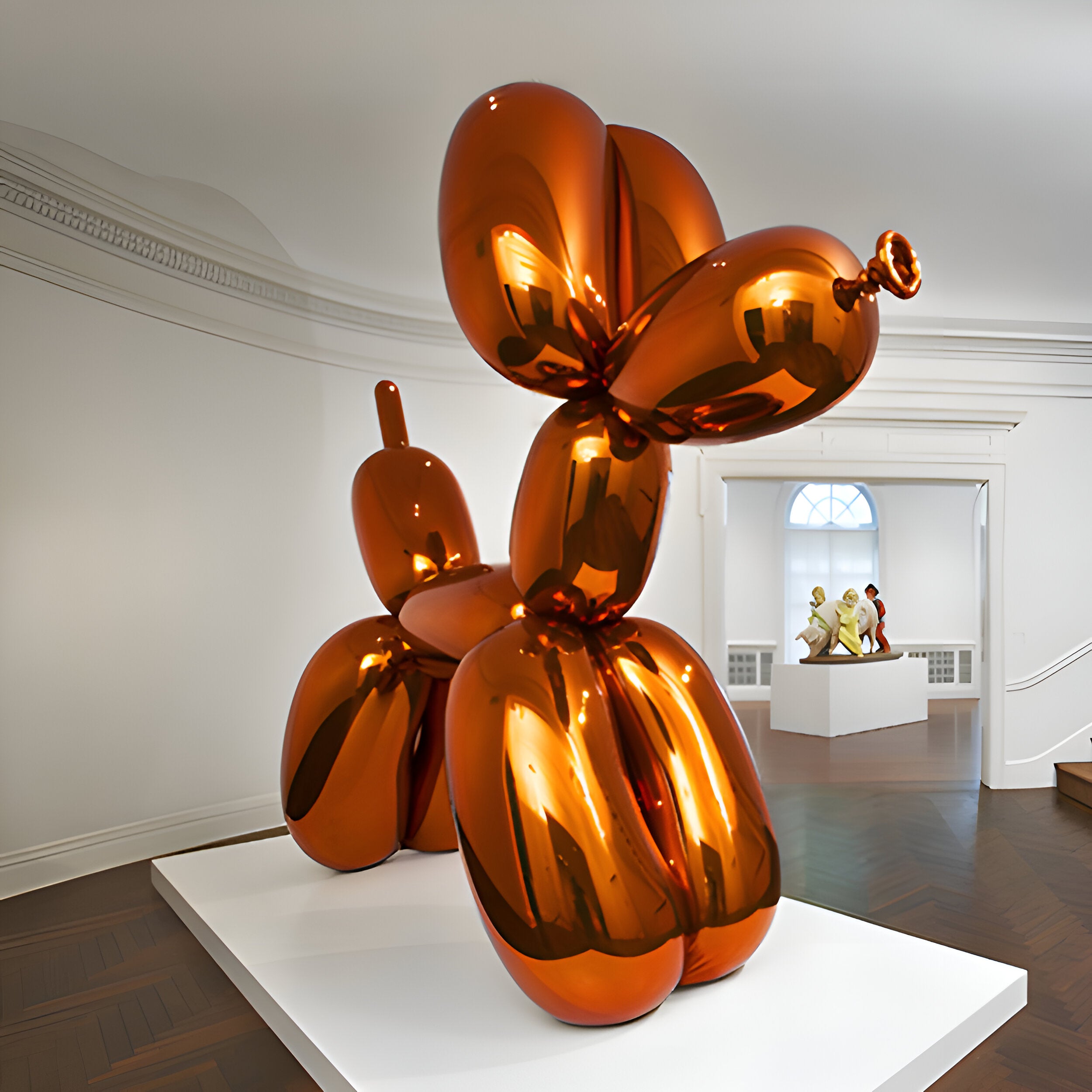 A copper orange dog sculpture showcased in a pristine art gallery, highlighting its reflective finish and modern design, ideal for sophisticated interiors and art collections.