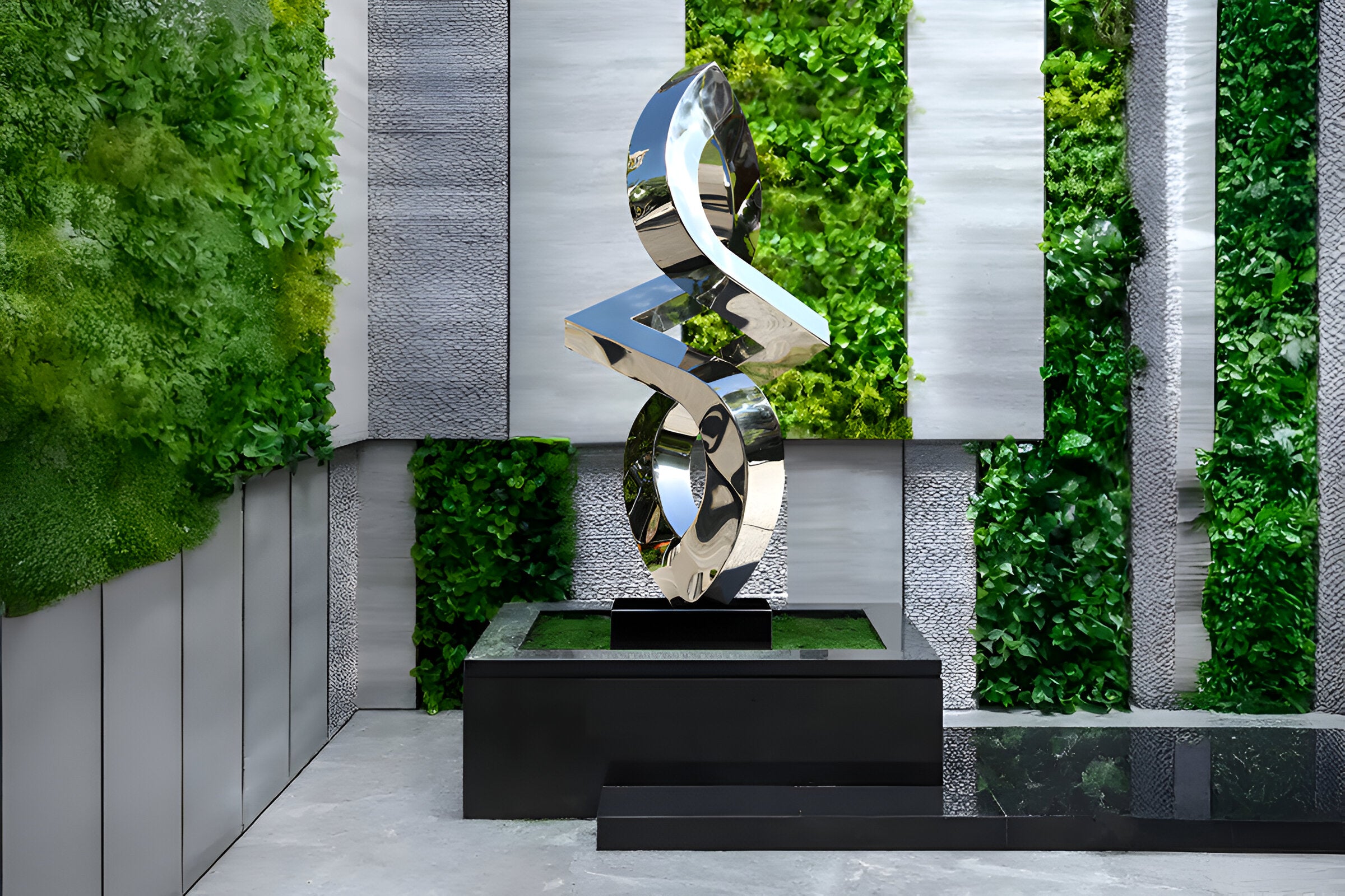 A modern, chrome-like abstract sculpture with twisting curves stands on a black pedestal. The background features gray panels and vertical green plant walls, creating a contrast between nature and contemporary design.