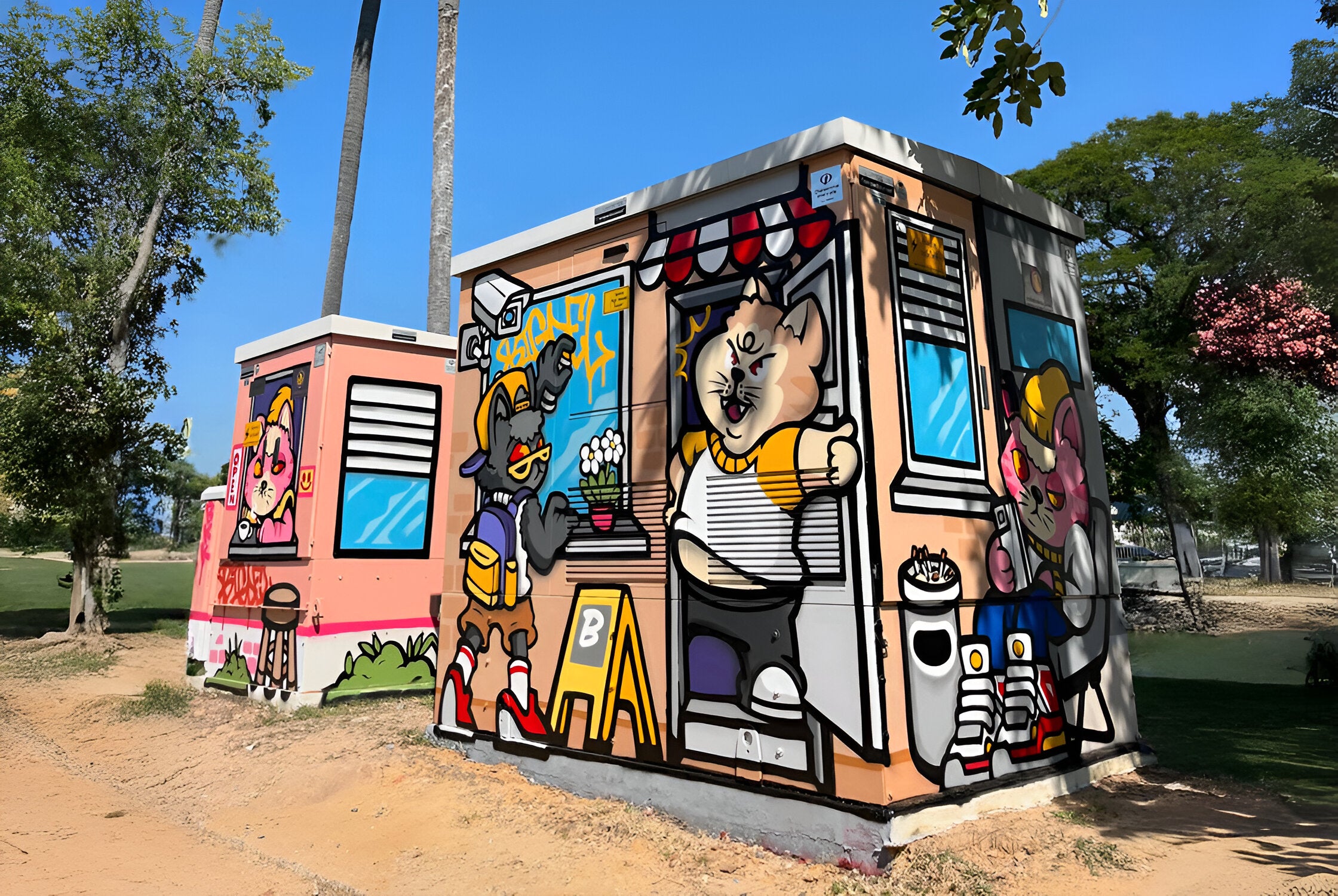 Colorful graffiti covers two small buildings. The artwork features cartoonish animals, including a cat holding a drink and a bird. Trees and a grassy area are in the background under a clear blue sky.