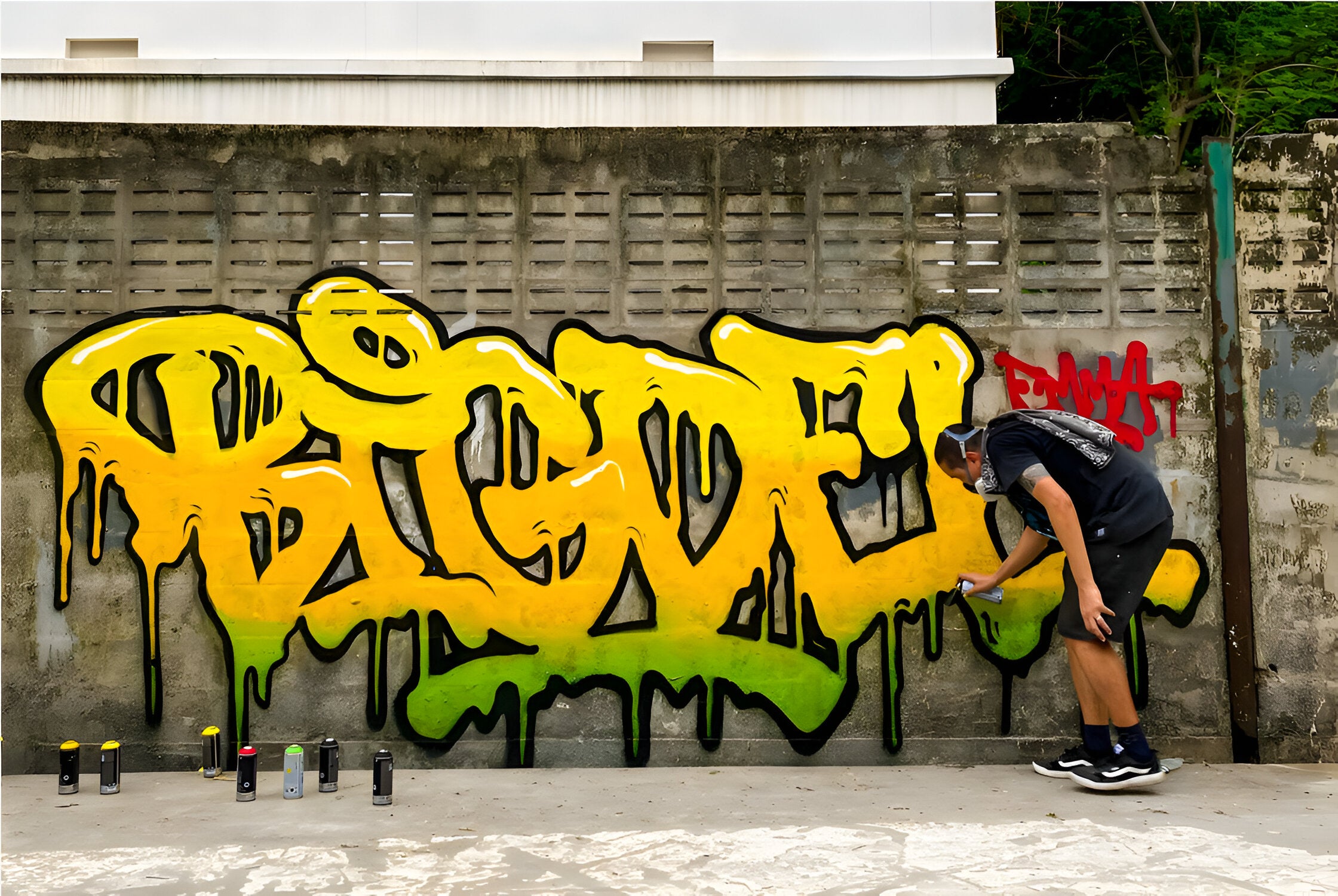 A person in black clothing spray paints the word BIGDE in large, drippy yellow and green letters on a concrete wall. Small paint cans are scattered on the ground near the wall.