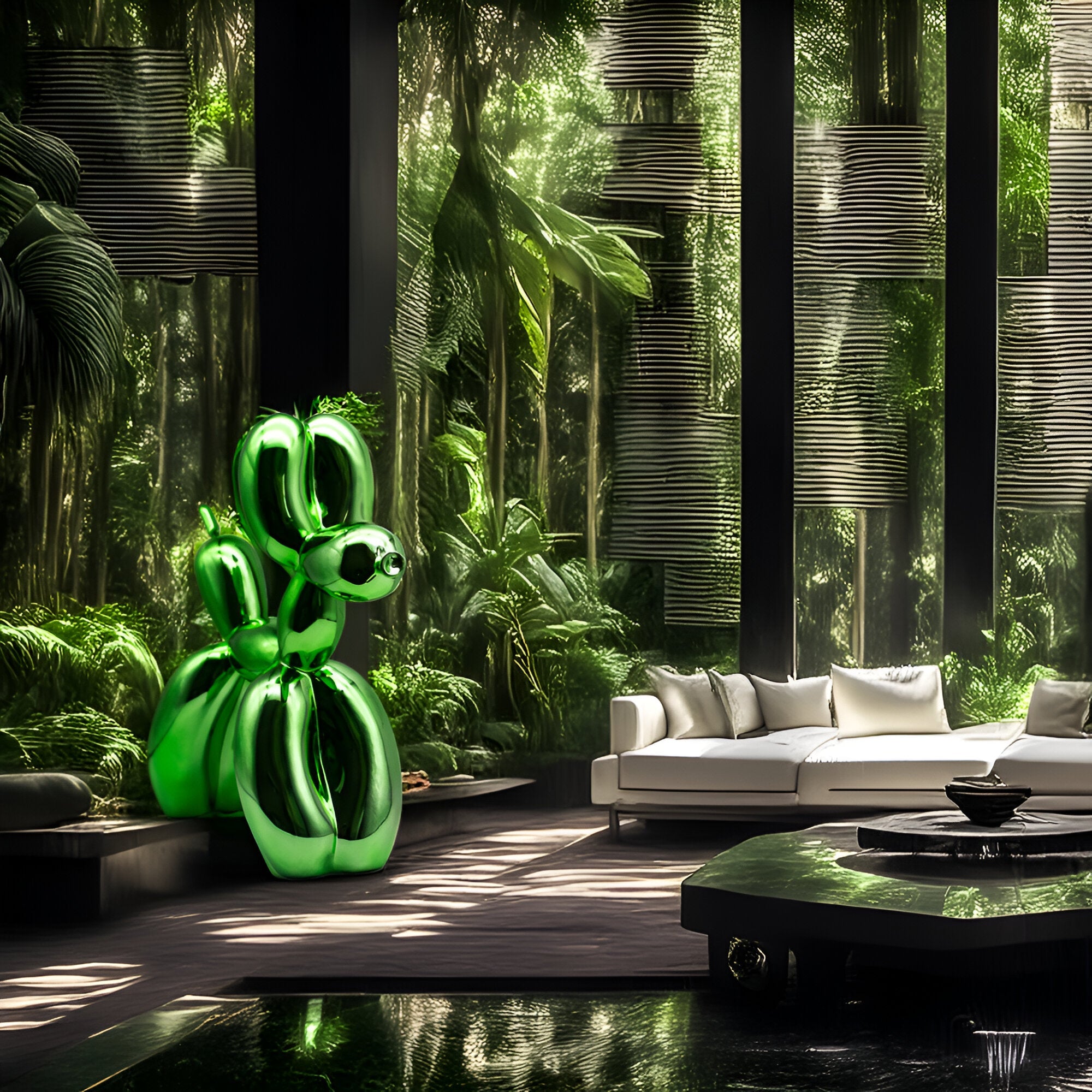 Giant green dog sculpture in a luxurious living space, harmonizing with the natural, forest-like interior design.