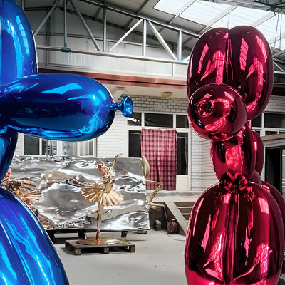 240cm Giant Blue and Red Balloon Dog Sculptures in warehouse.