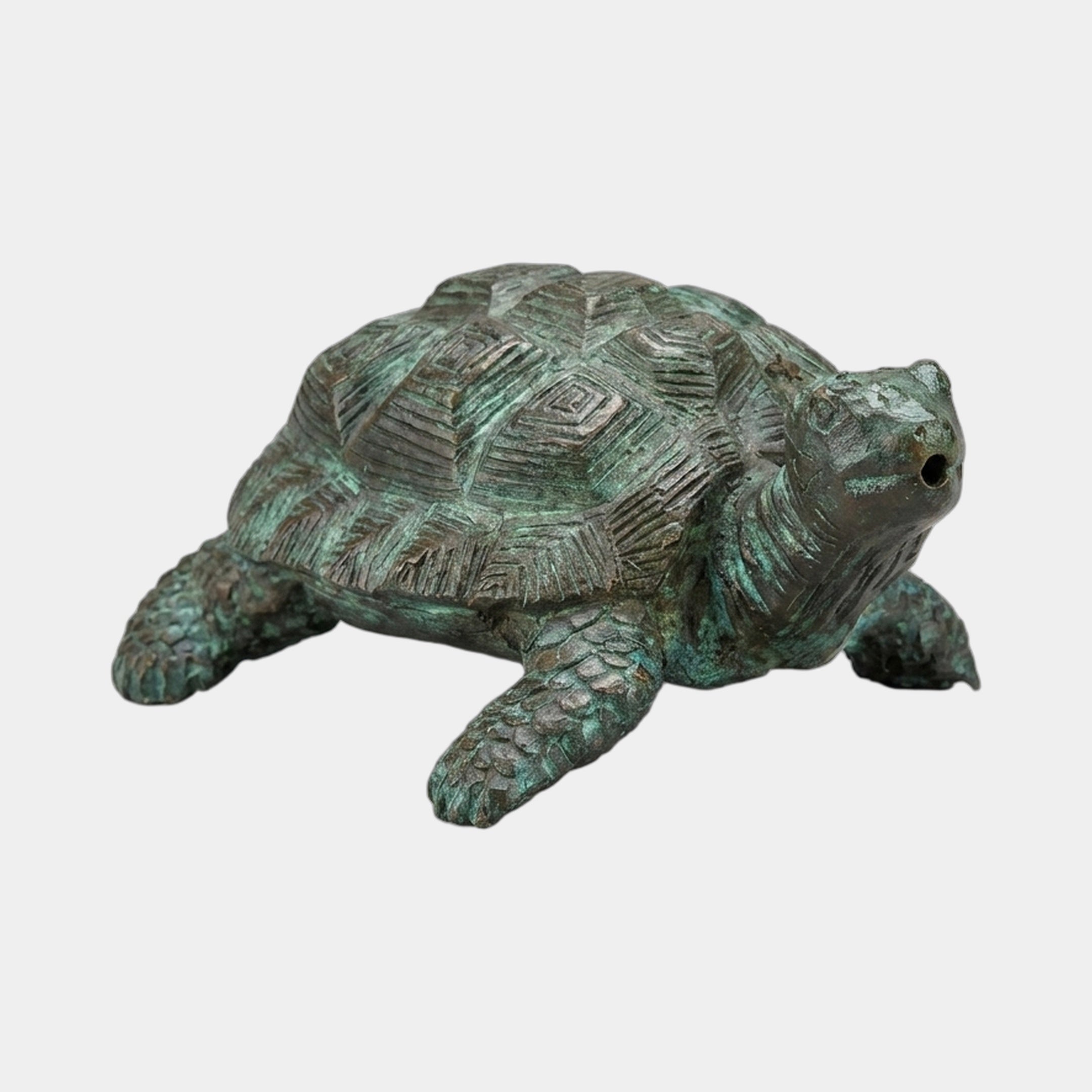 Small Traditional Tortoise Bronze Fountain by Giant Sculptures in verde antique patina, shown in crawling pose with water spout at the mouth, against a white background.