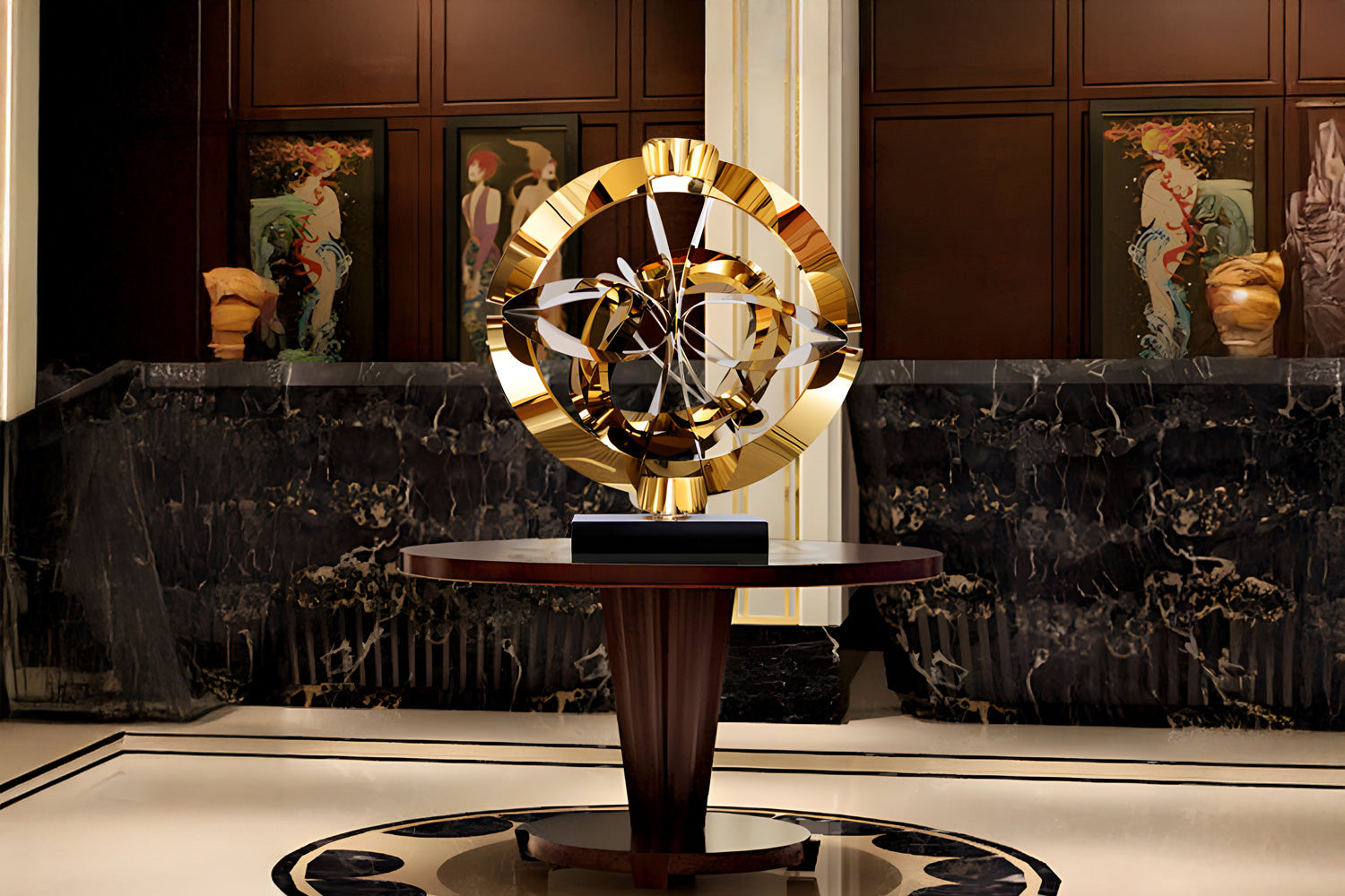 A large, intricate gold sculpture on a wooden pedestal, set in an upscale room with dark marble walls and artistic wall panels. The sculpture features abstract, geometric shapes and stands prominently in the center.