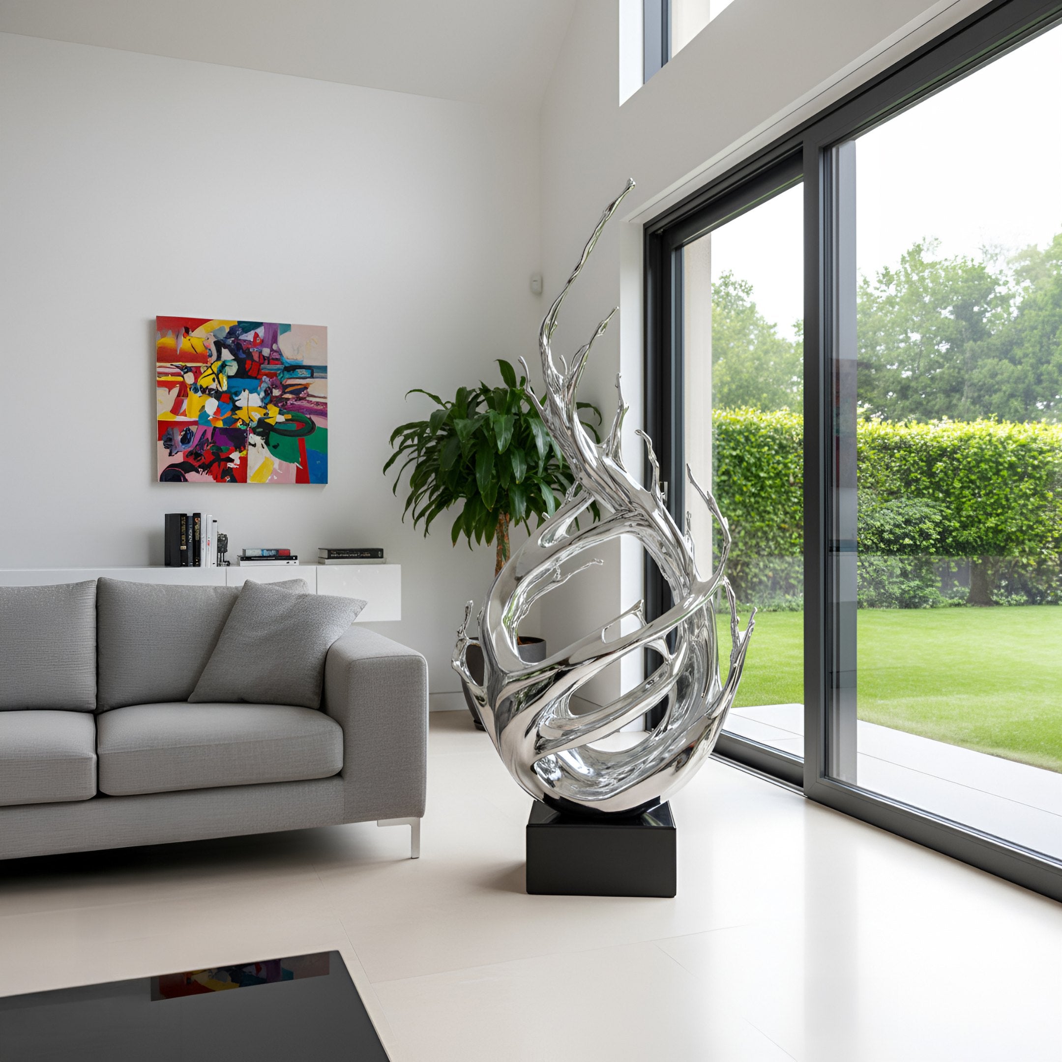 A modern living room with a gray sofa, abstract wall art, Giant Sculptures’ Surge Silver Abstract Steel Sculpture (320cm), a potted plant, and floor-to-ceiling glass doors overlooking a green garden.