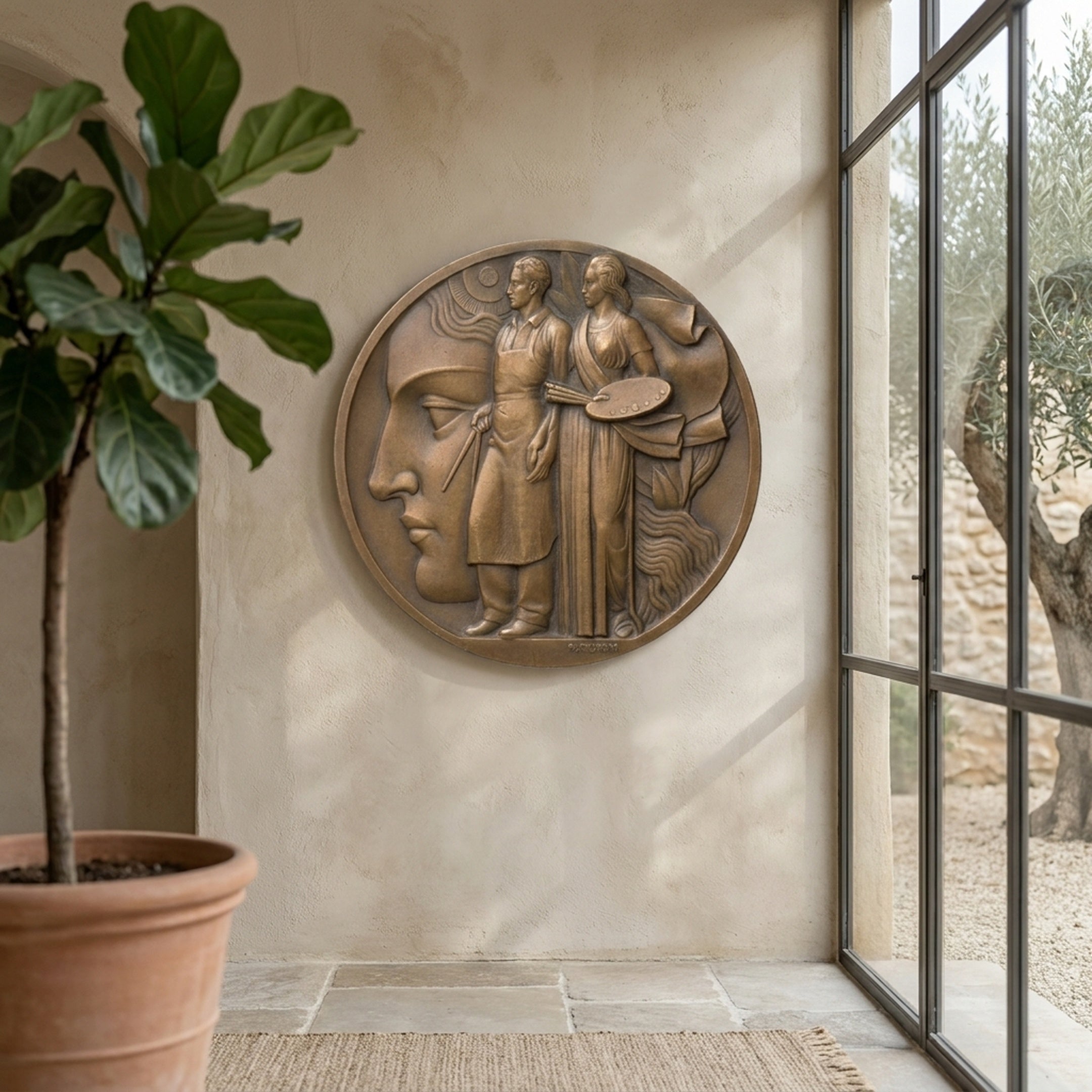 Traditional Artisan and Painter Bronze Relief by Giant Sculptures mounted on a plaster wall beside a fiddle-leaf fig and steel-framed windows.