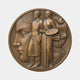 Giant Sculptures Traditional Artisan and Painter Bronze Relief, 30cm circular medallion with two figures, palette, and Art Deco profile face in warm brown patina.