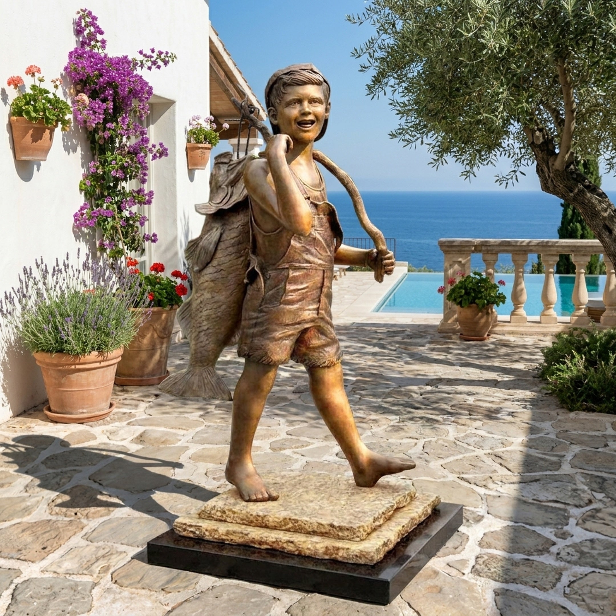 Traditional Barefoot Boy with Fish Bronze Sculpture by Giant Sculptures displayed on a Mediterranean stone terrace beside a pool overlooking the sea.