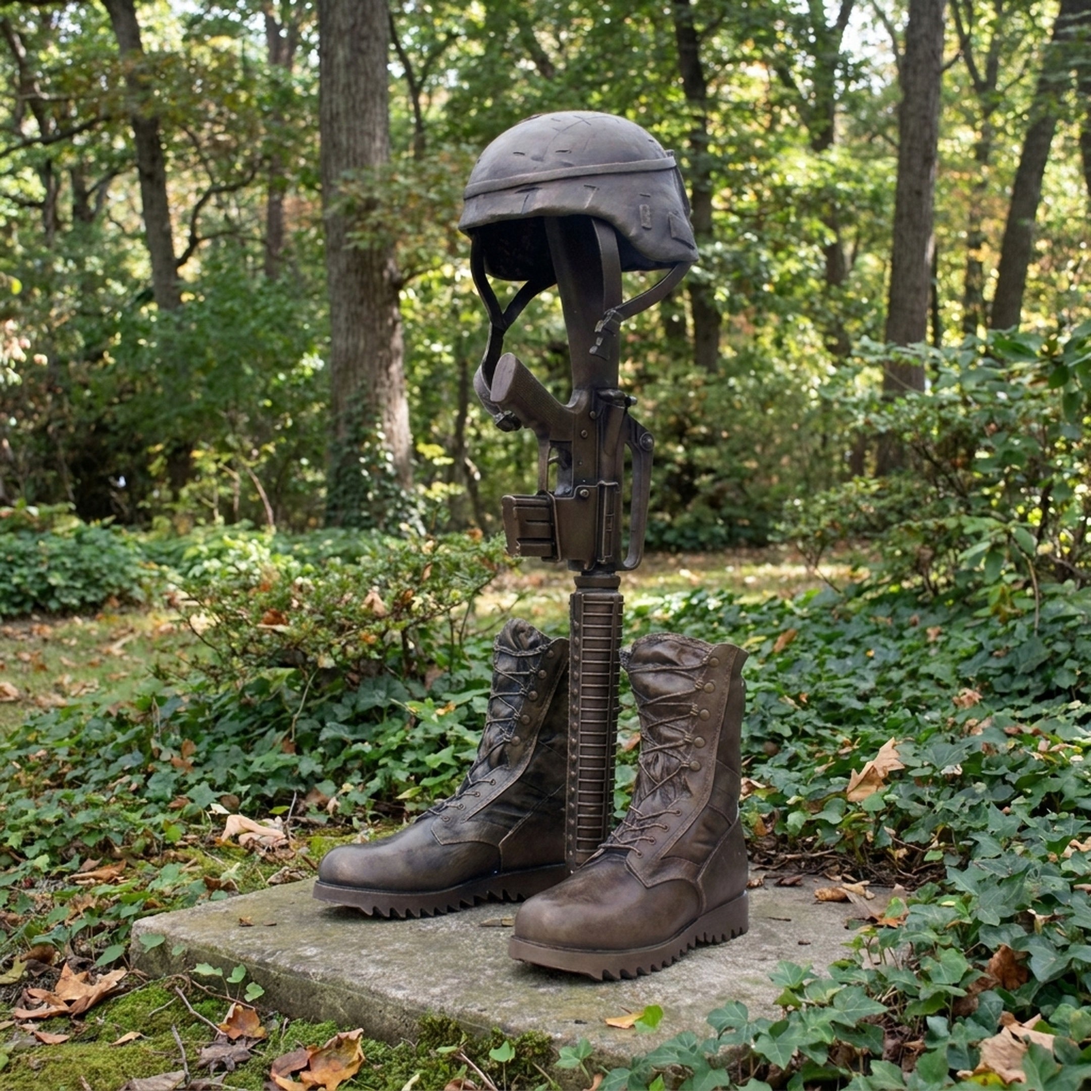 Traditional Battle Cross Memorial Bronze Sculpture by Giant Sculptures, with boots, rifle, and helmet on a stone plinth in a leafy woodland setting.