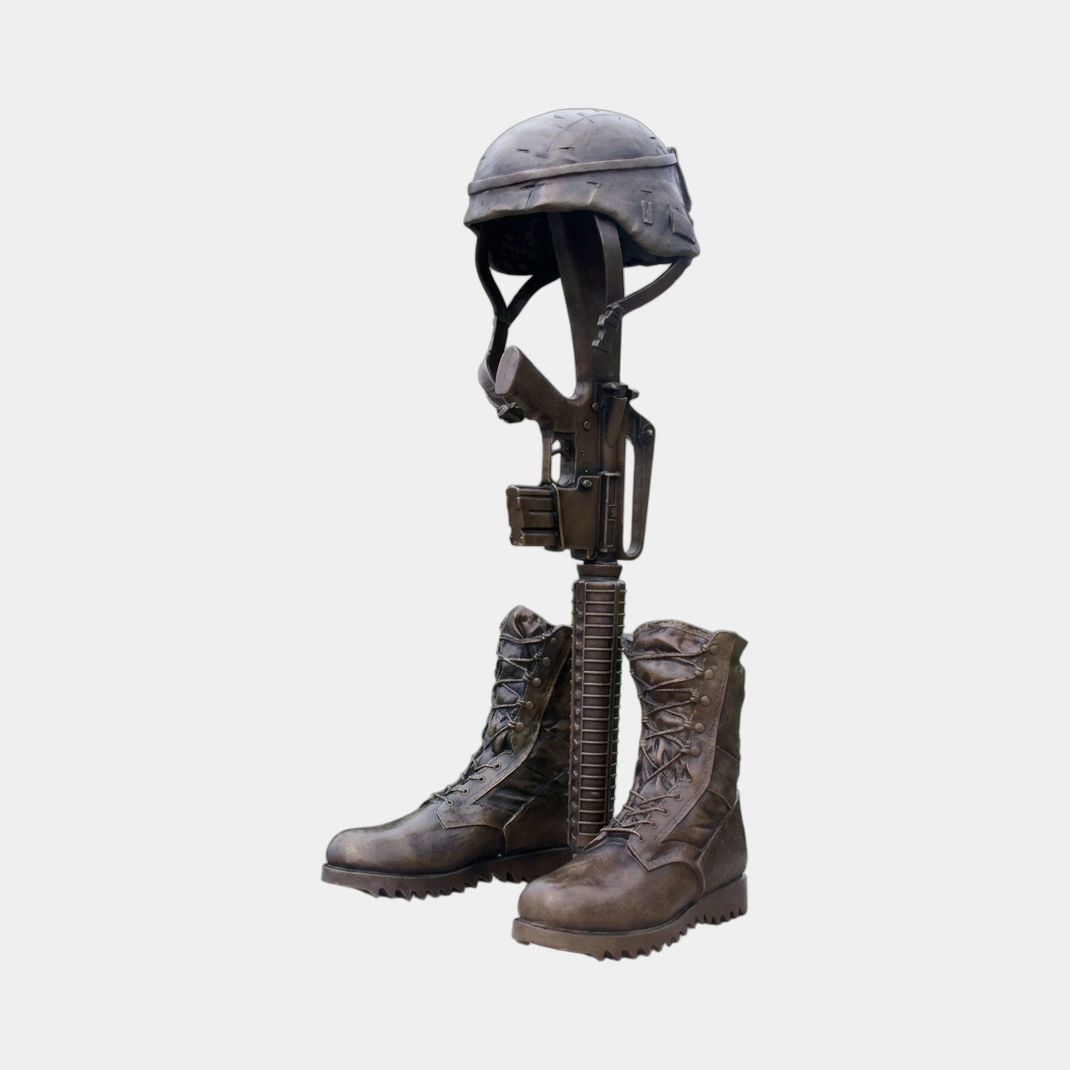 Traditional Battle Cross Memorial Bronze Sculpture by Giant Sculptures, 120cm, showing combat boots, vertical rifle, and helmet in antique bronze patina on a plain background.