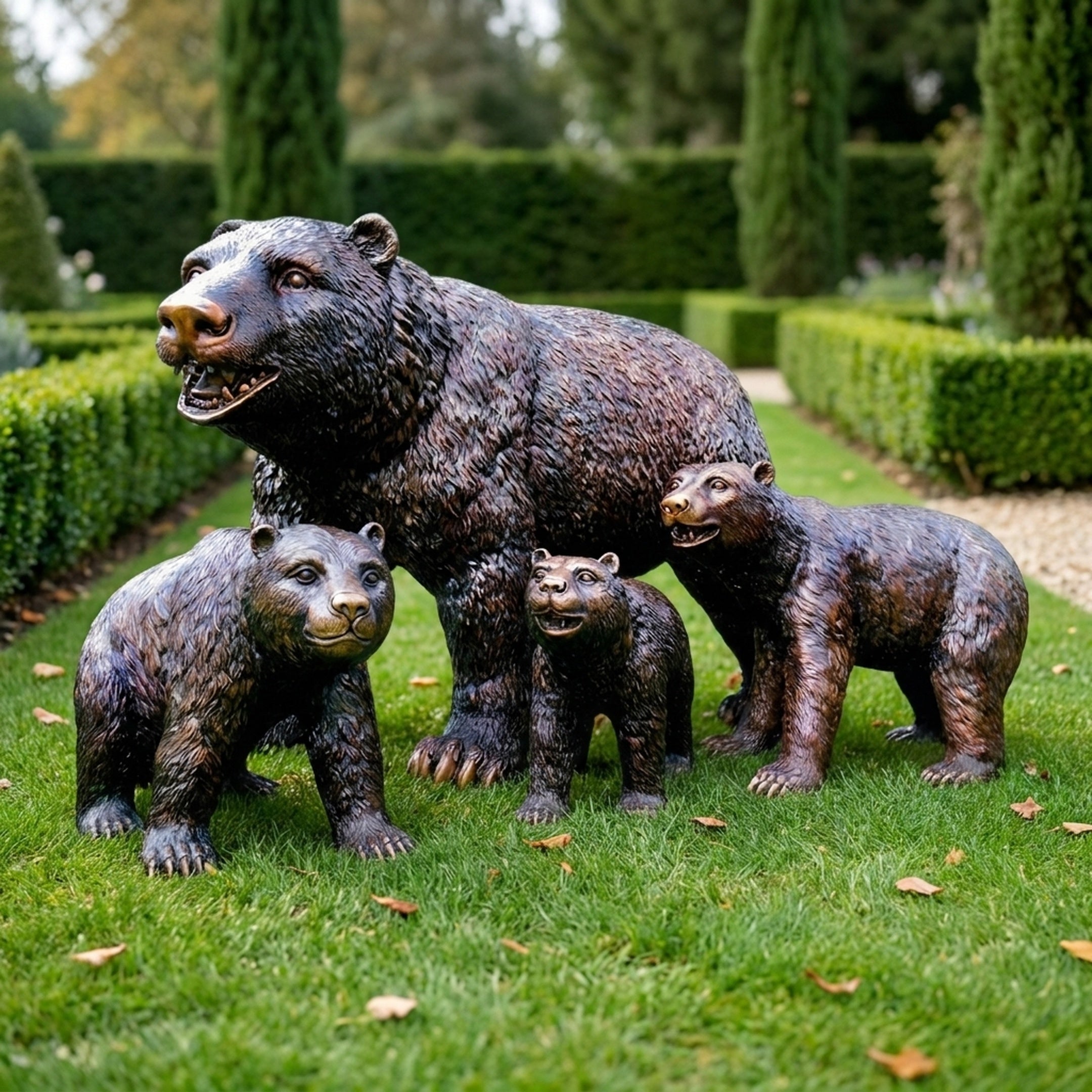 Traditional Bear Family Bronze Sculpture by Giant Sculptures with an adult bear and three walking cubs in dark copper-brown patina on a garden lawn.