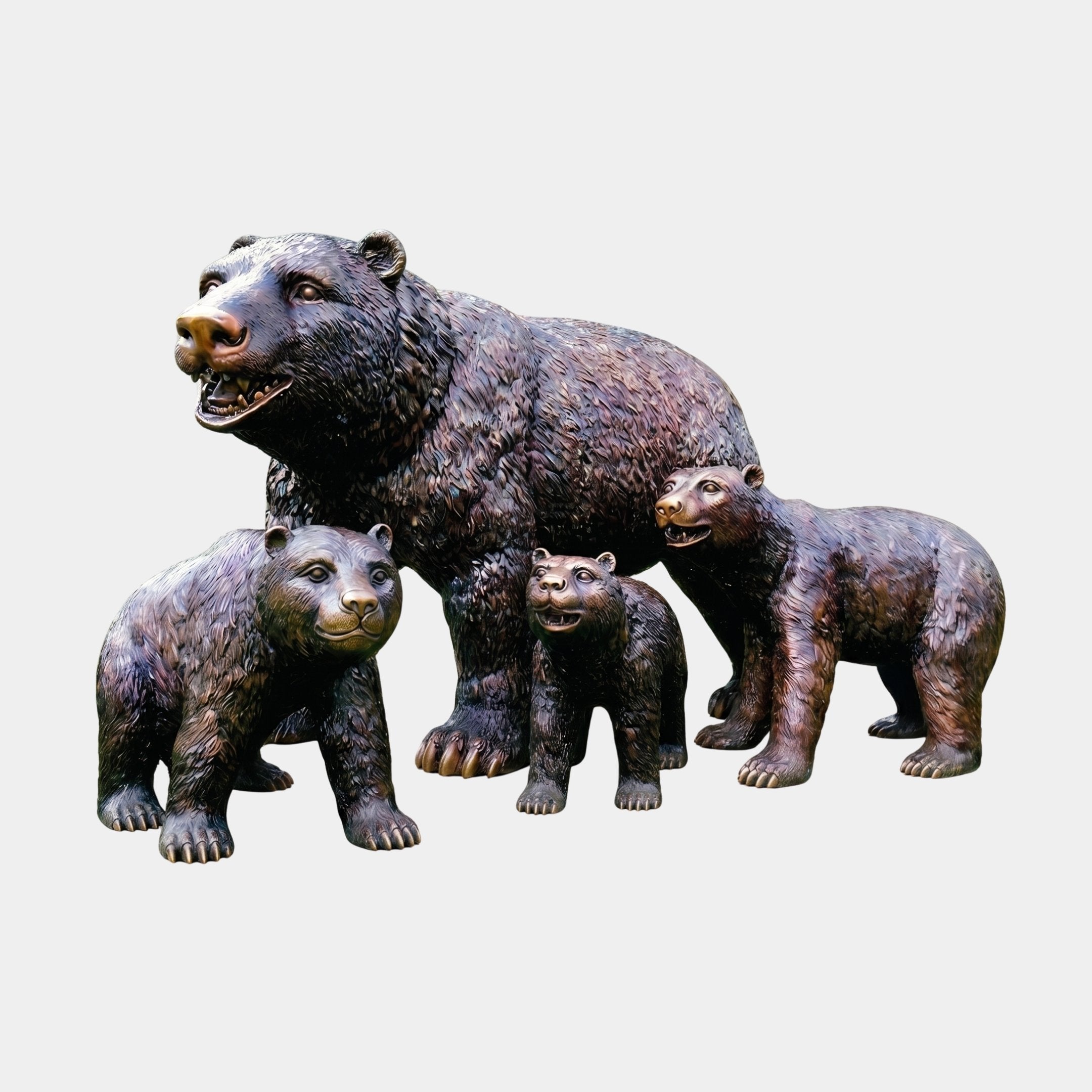 Traditional Bear Family Bronze Sculpture by Giant Sculptures, 90cm grouping with an open-mouthed adult bear and three walking cubs in dark copper-brown patina.