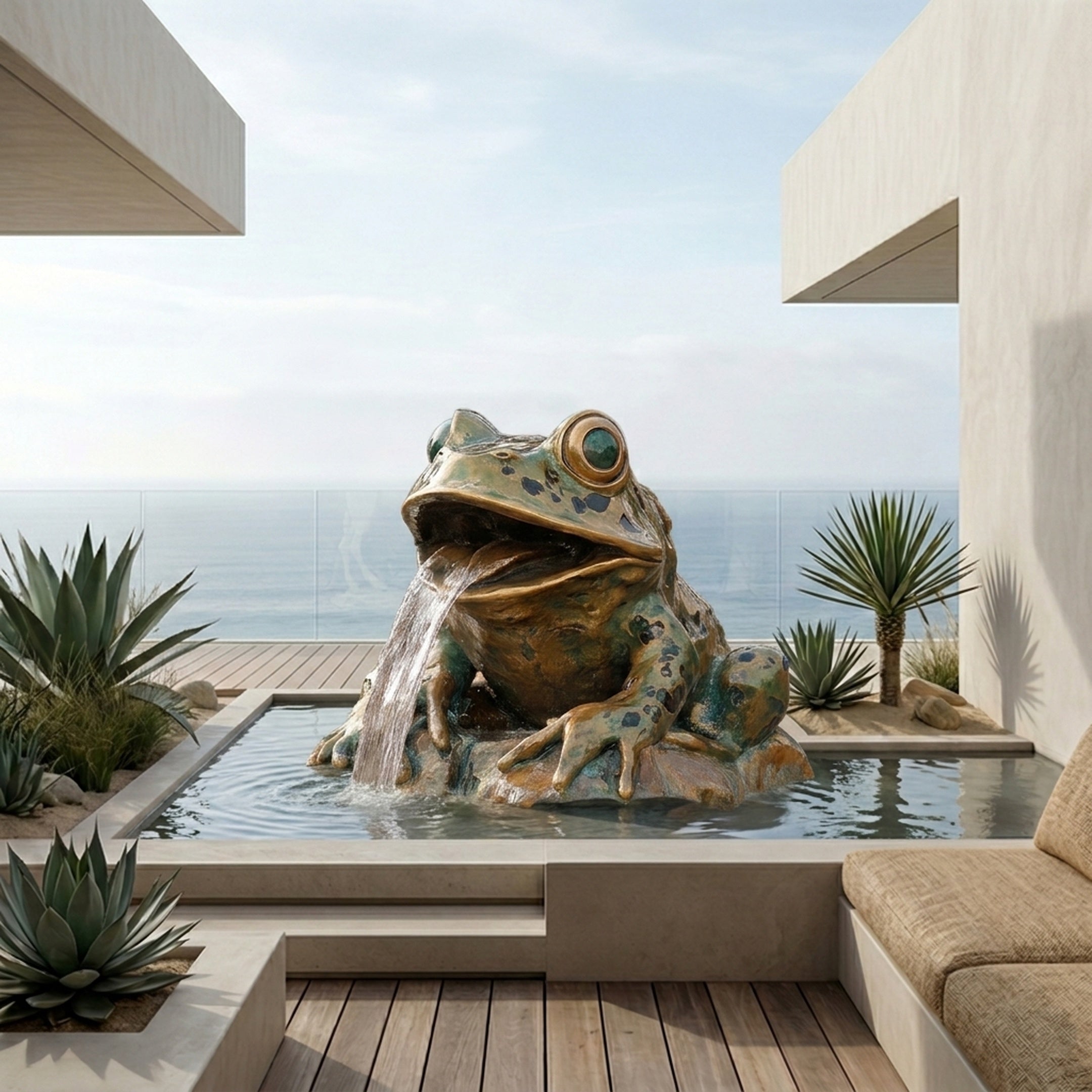 Traditional Bronze Frog Fountain Sculpture by Giant Sculptures with verdigris patina, water spouting from its mouth into a pool on an oceanfront terrace.