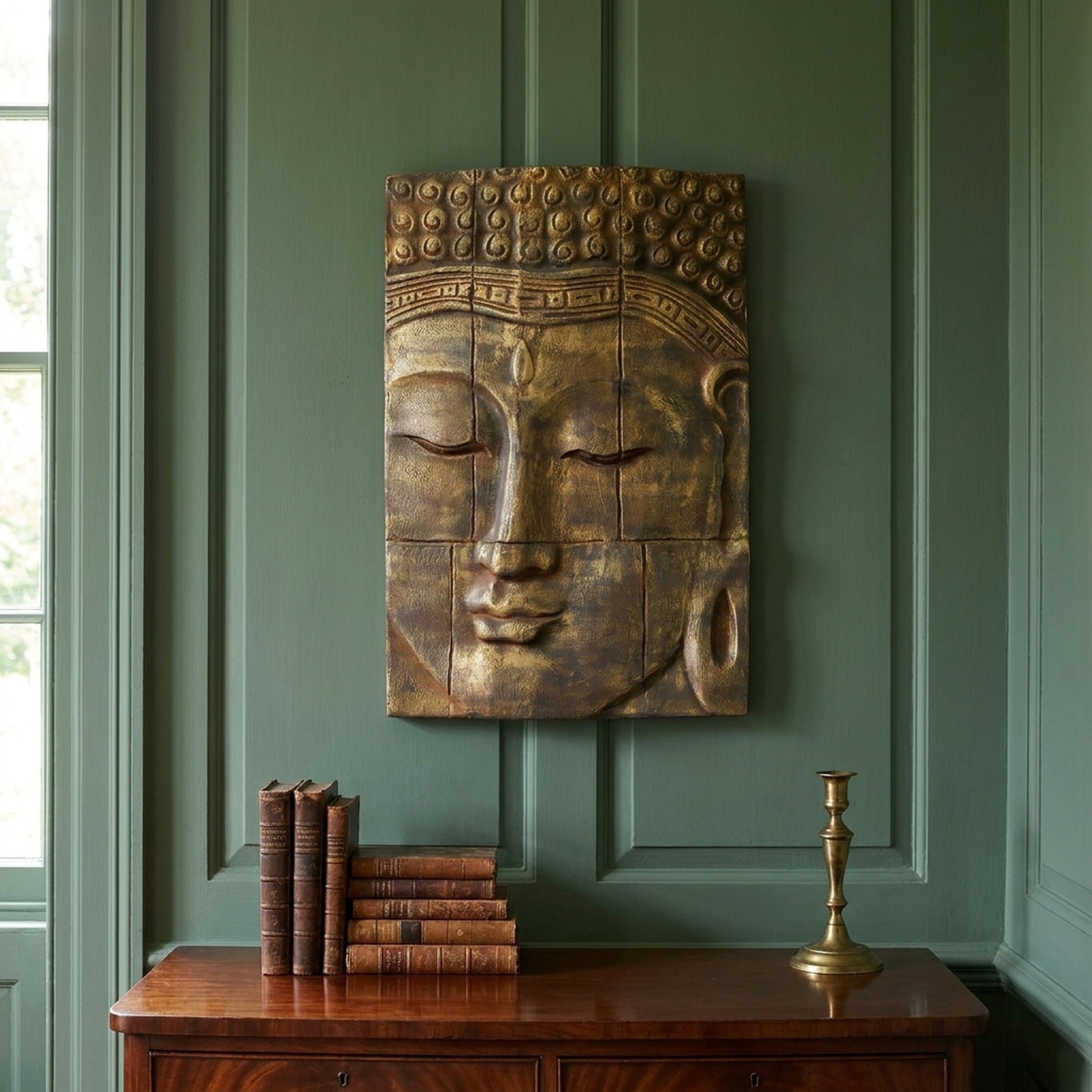 Giant Sculptures Traditional Buddha Face Bronze Relief 40cm mounted on a sage green panelled wall above a wooden console with antique books and a brass candlestick.