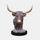 Traditional Bull Head Bronze Bust by Giant Sculptures, frontal view showing reddish-brown patina, polished golden horns and muzzle, on a black cylindrical plinth.