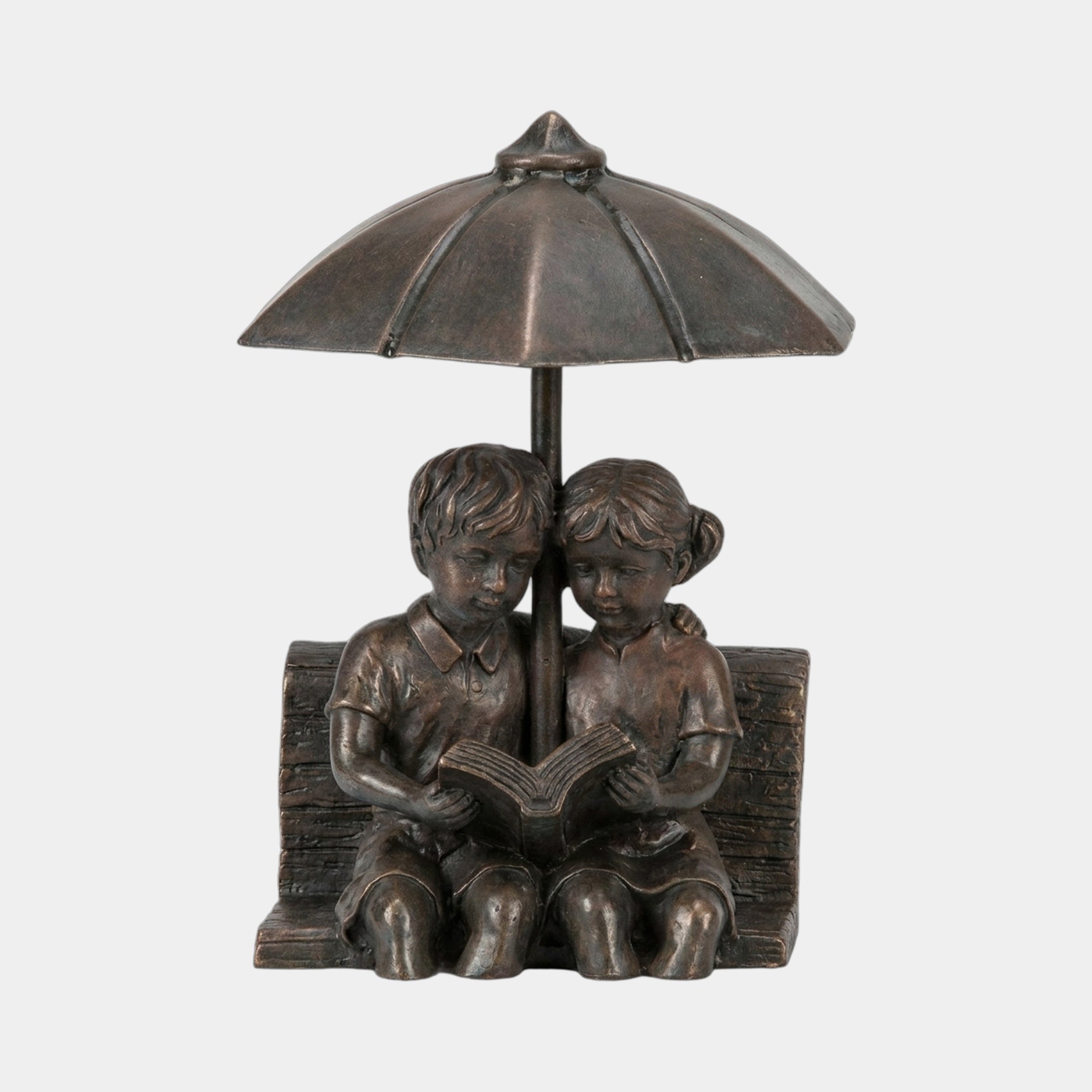Traditional Children Reading Fountain Bronze Fountain by Giant Sculptures, 80cm, depicting a boy and girl seated on a bench reading beneath a ribbed umbrella.