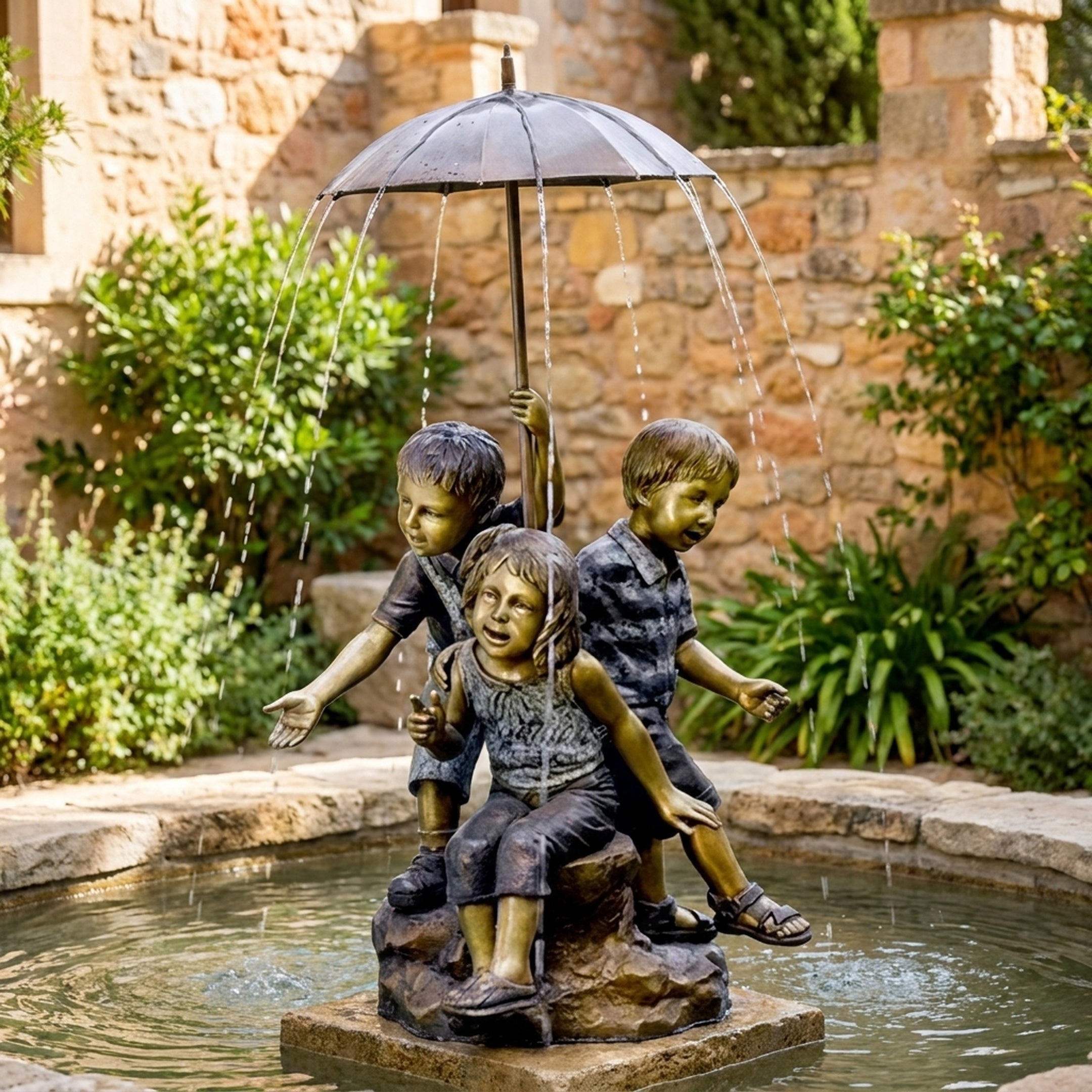 Traditional Children Under Umbrella Bronze Fountain by Giant Sculptures, three children sheltering beneath an umbrella as water cascades into a garden pond.