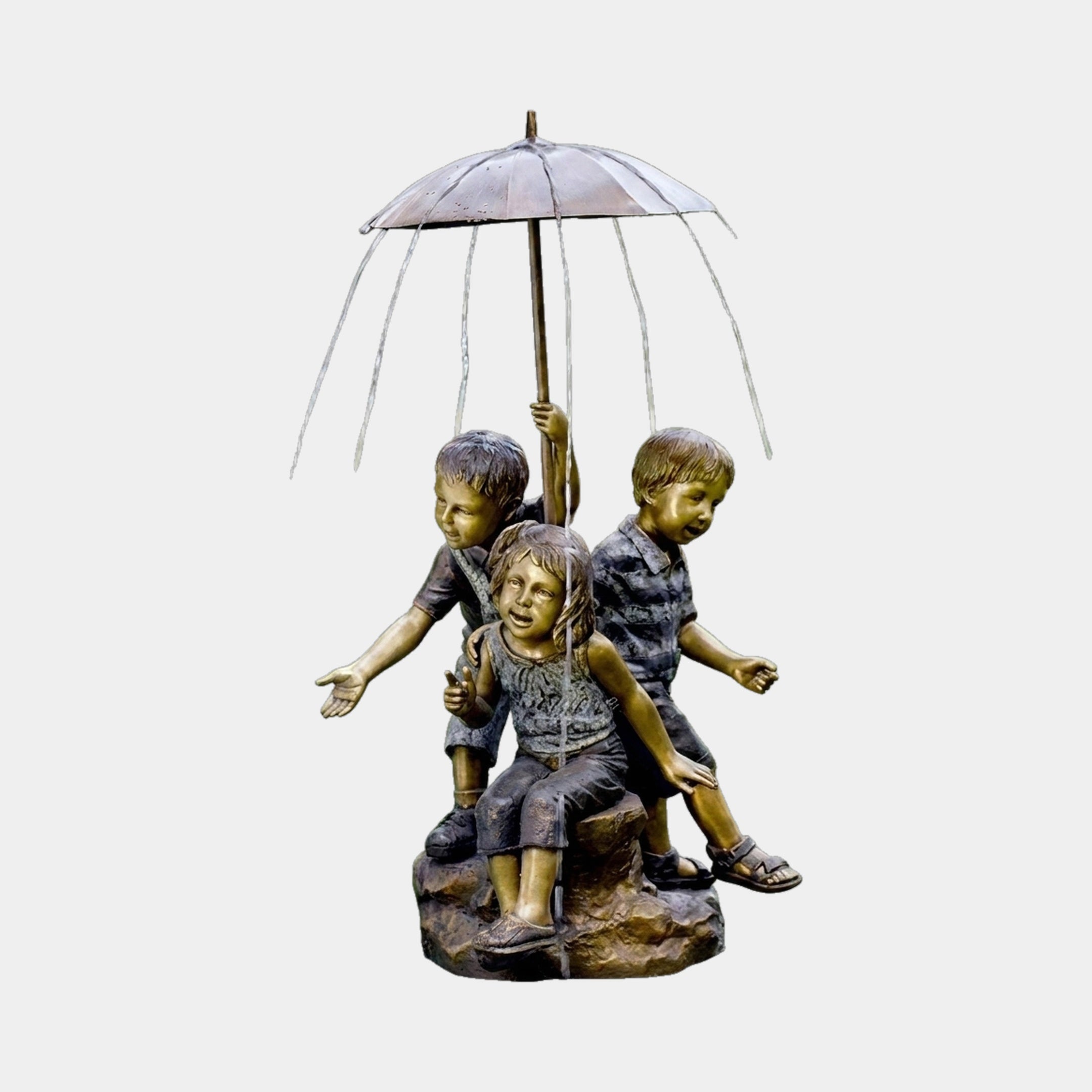 Giant Sculptures' Traditional Children Under Umbrella Bronze Fountain 130cm, three kids on a rock base with water cascading from the umbrella rim, plain background.