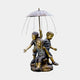 Giant Sculptures' Traditional Children Under Umbrella Bronze Fountain 130cm, three kids on a rock base with water cascading from the umbrella rim, plain background.
