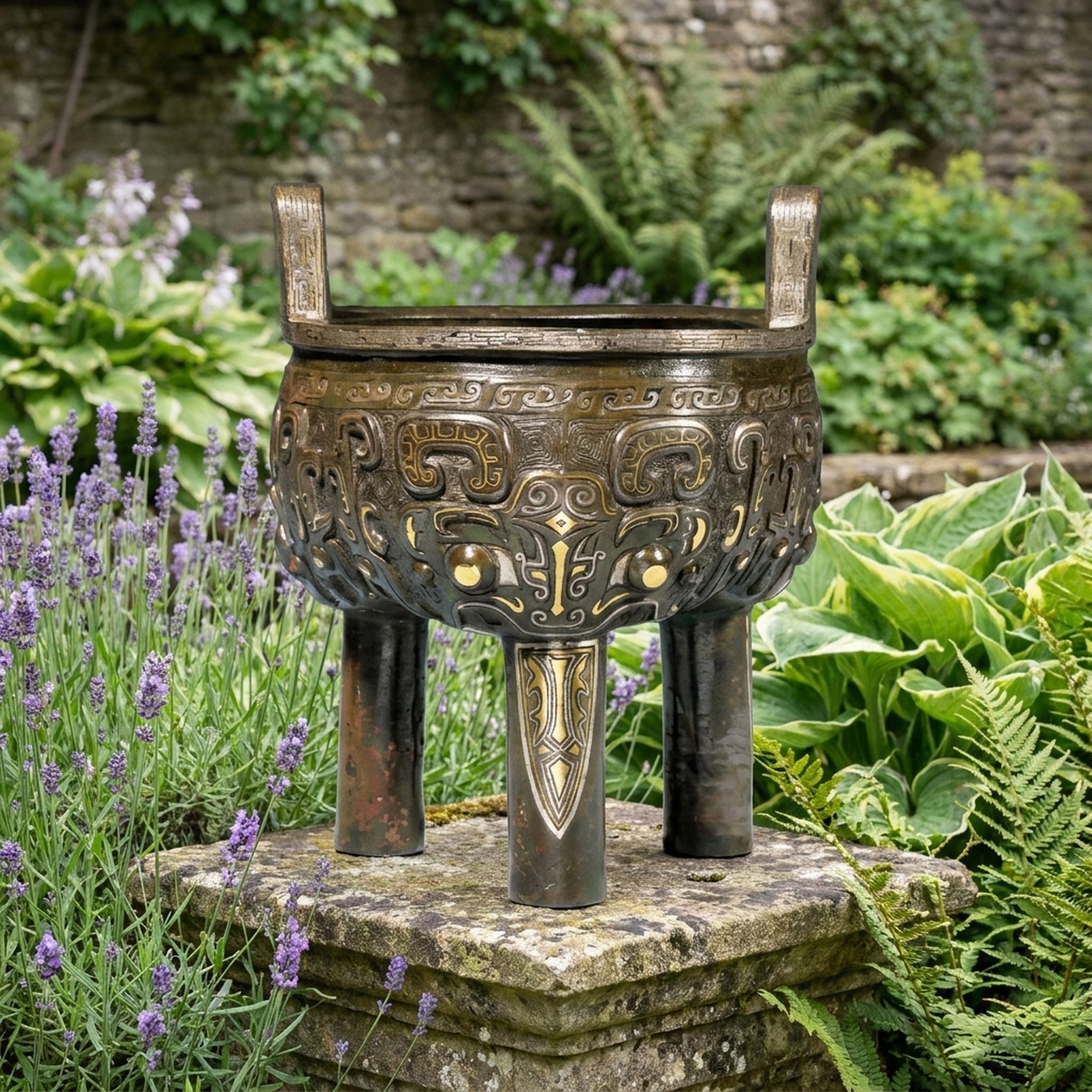 Giant Sculptures 30cm Traditional Chinese Ding Vessel bronze tripod cauldron with taotie reliefs and gold inlay, displayed on a stone plinth among lavender and ferns.