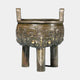 Giant Sculptures Traditional Chinese Ding Vessel Bronze Sculpture 30cm, tripod cauldron with taotie reliefs, gold inlay, twin loop handles, plain background.