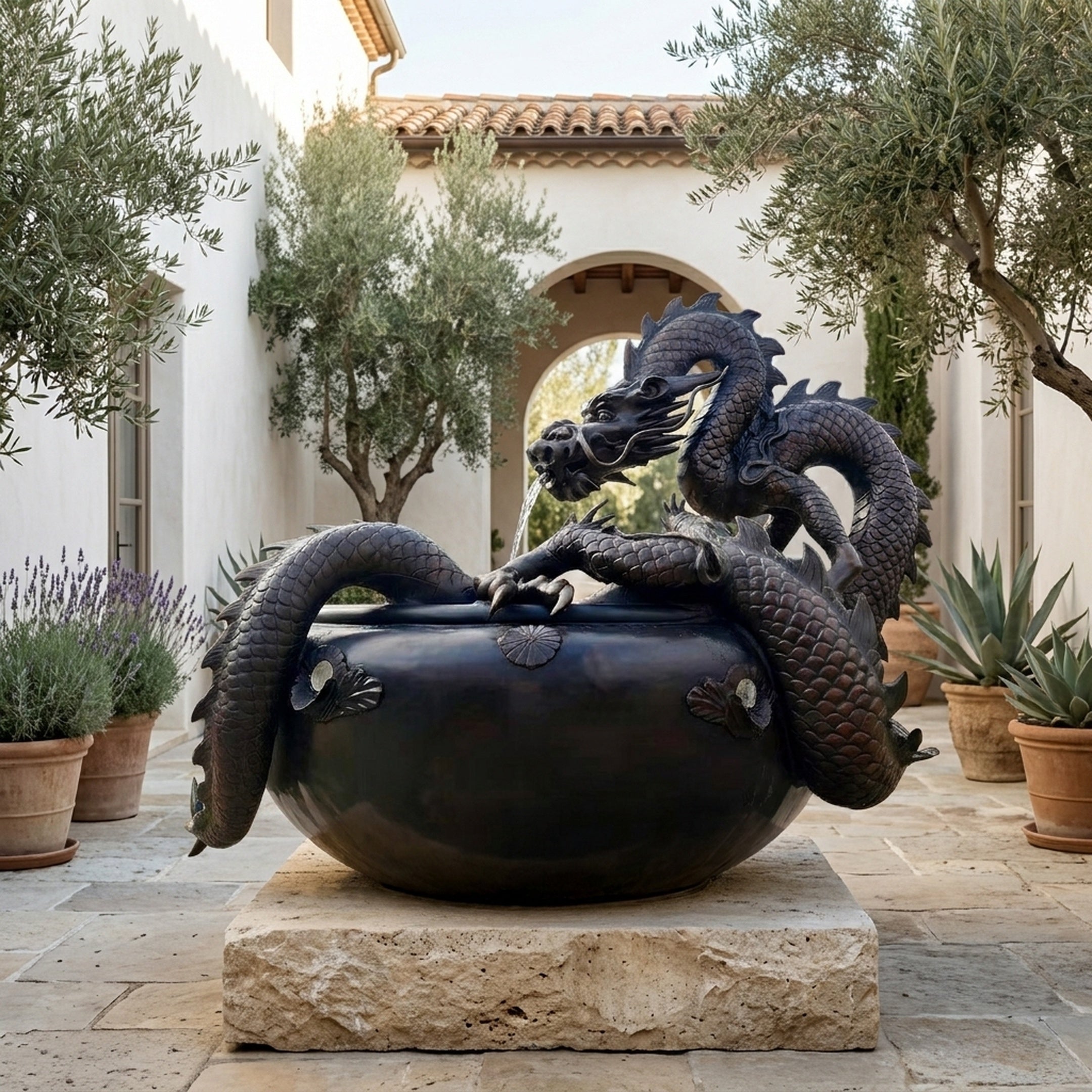 Traditional Chinese Dragon and Cauldron Bronze Fountain by Giant Sculptures, dark patina dragon coiled around a lotus-decorated cauldron on a stone plinth in a Mediterranean courtyard.
