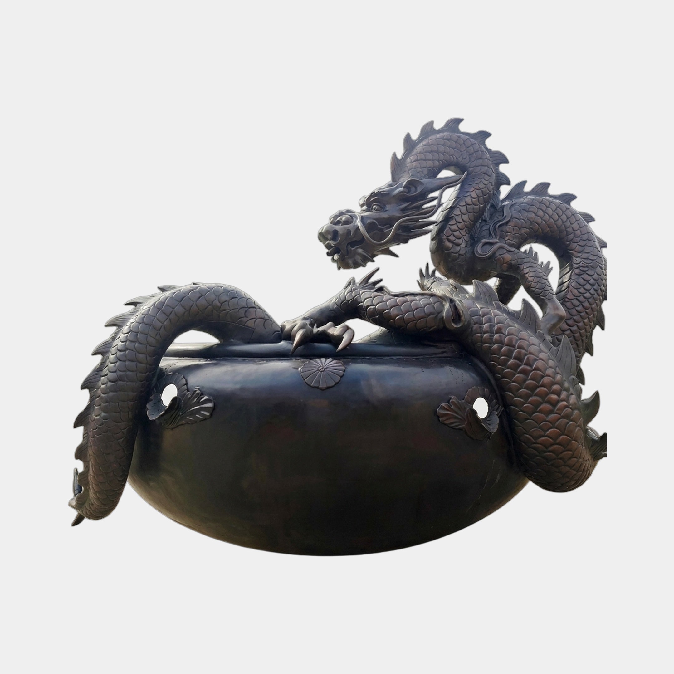 Traditional Chinese Dragon and Cauldron Bronze Fountain 90cm by Giant Sculptures, dark-patinated scaled dragon coiled around a hemispherical bronze cauldron with lotus motifs.