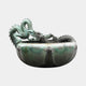 Traditional Chinese Dragon Bronze Fountain by Giant Sculptures, 90cm, with two verdigris-patinated dragons coiled across a hemispherical basin with chrysanthemum medallions.