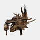 Traditional Chinese Dragon Head Bronze Sculpture by Giant Sculptures shown in profile with open jaws, curling whiskers, antlers, and warm brown patina.
